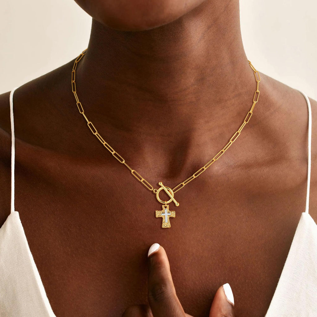 Treasure Bender Cross Necklace for Women Trendy -14K Gold Plated Chunky Gold Silver Cross Pendant Necklace Waterproof Non Tarnish Jewelry Christian Gift for Women