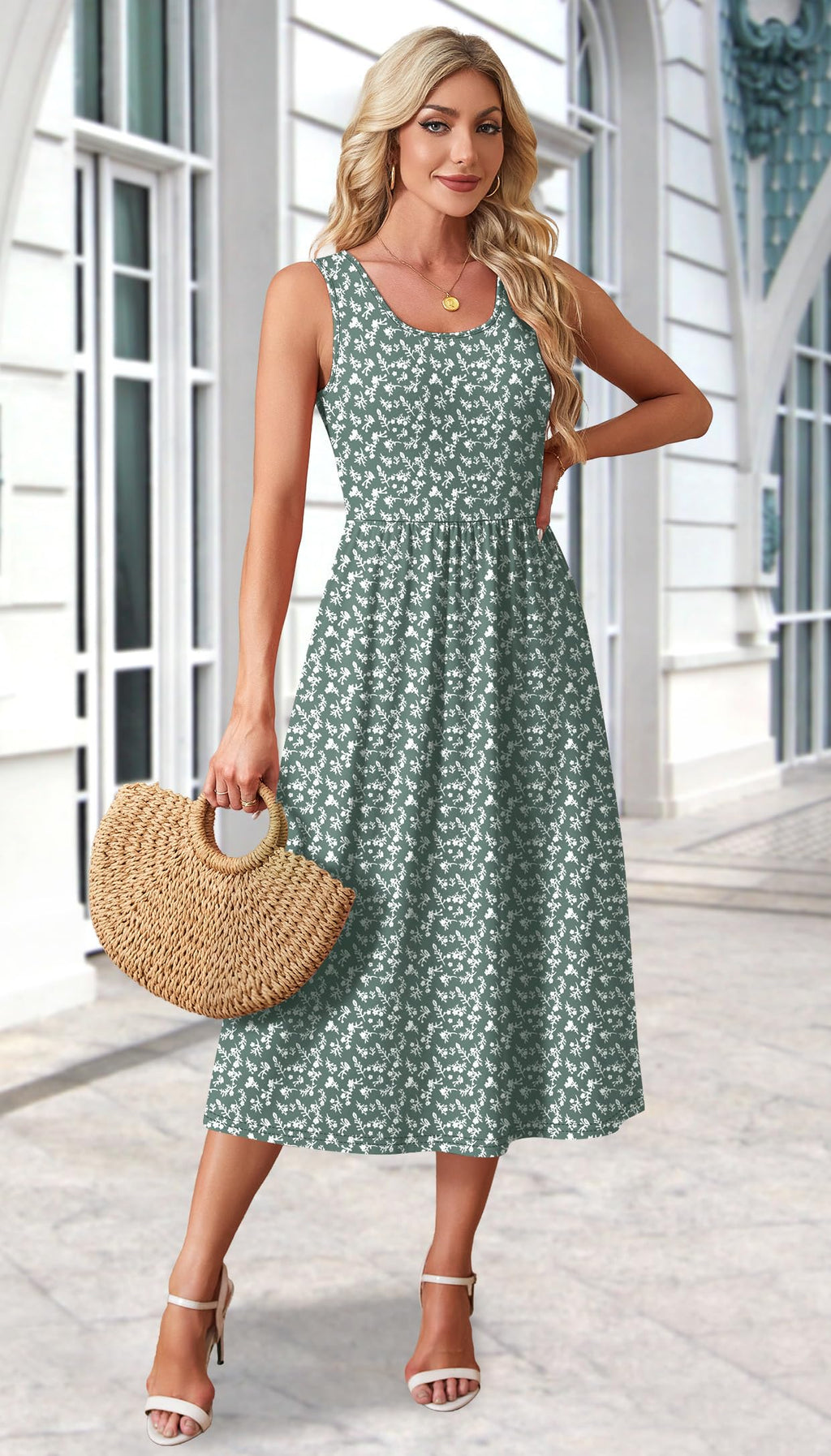 WIHOLL Casual Dresses for Women Sleeveless Scoop Neck Flowy Spring Midi Dresses for Women Sun Dress Beach Vacation Maxi Summer Dress Sundresses for Women 2026 Green Floral M