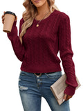 ZAFUL Women's Cable Cropped Long Sleeve Sweater Crewneck Pullover Knit Jumper Top (1-Red Wine, L)