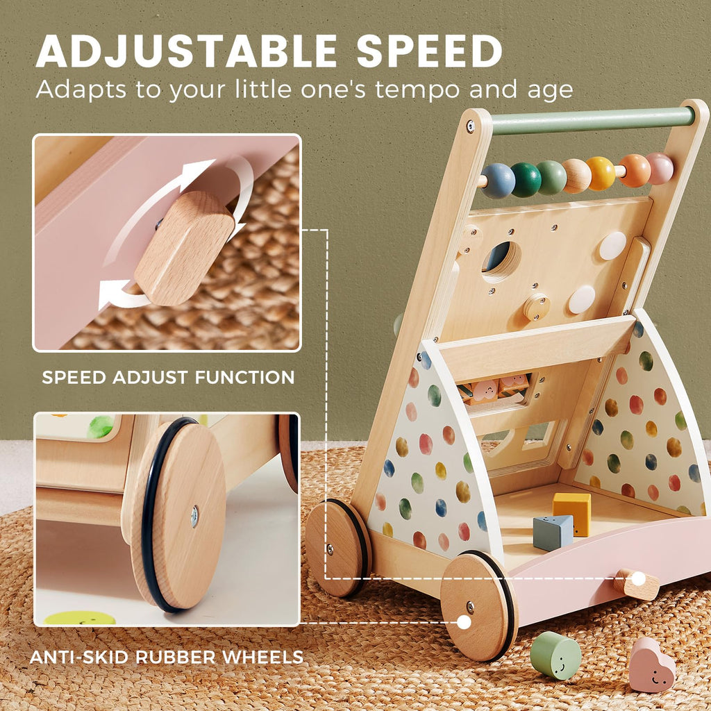 Tiny Land Wooden Baby Walker, Adjustable Speed Baby Push Walker for Boys and Girls, Montessori Activity Center Push Toy for Kids' Development, Ideal Christmas Gift for Toddlers (Morandi)