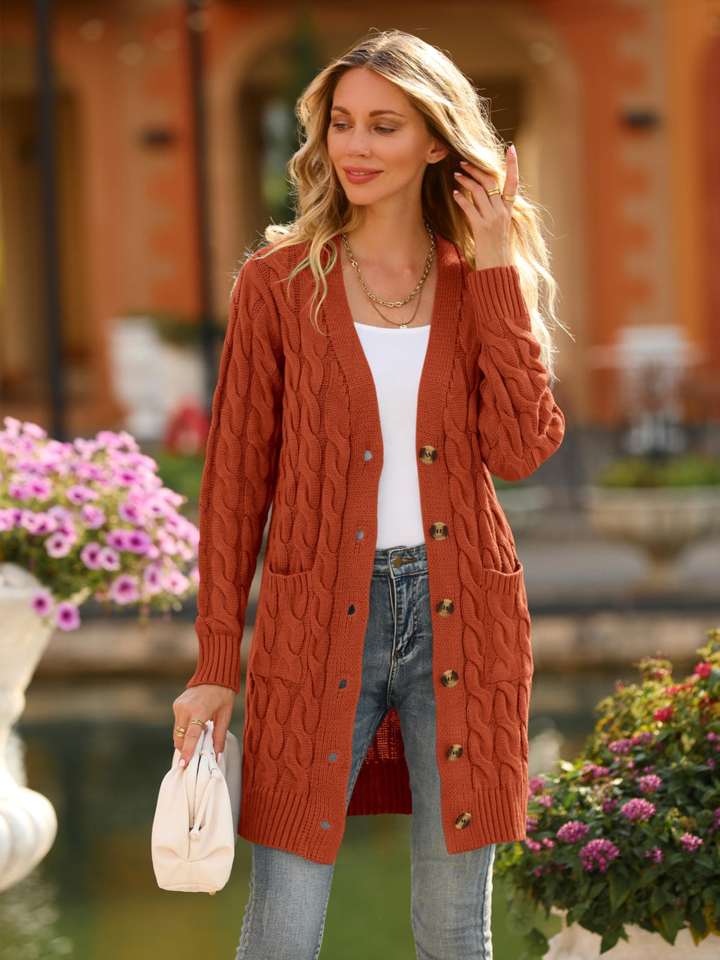 PRETTYGARDEN Long Sleeve Cable Knit Long Cardigan for Women 2026 Spring Winter Chunky Open Front Button Sweaters with Pockets(Caramel,Small)