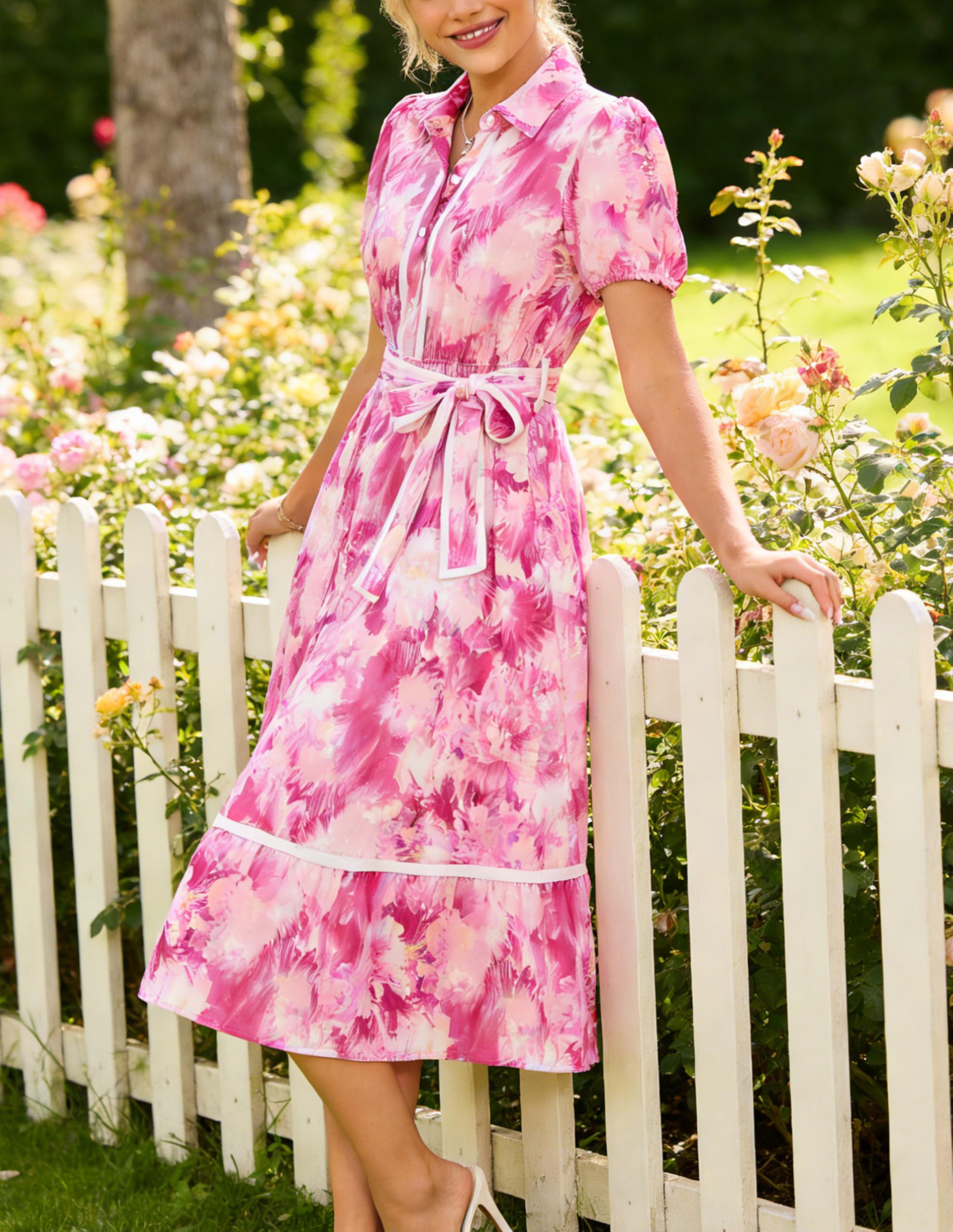 GRACE KARIN Women Summer Floral Maxi Dresses 2026 Wedding Guest Puff Sleeve Shirt Sundresses Boho Spring Clothes with Pockets Rose Floral S