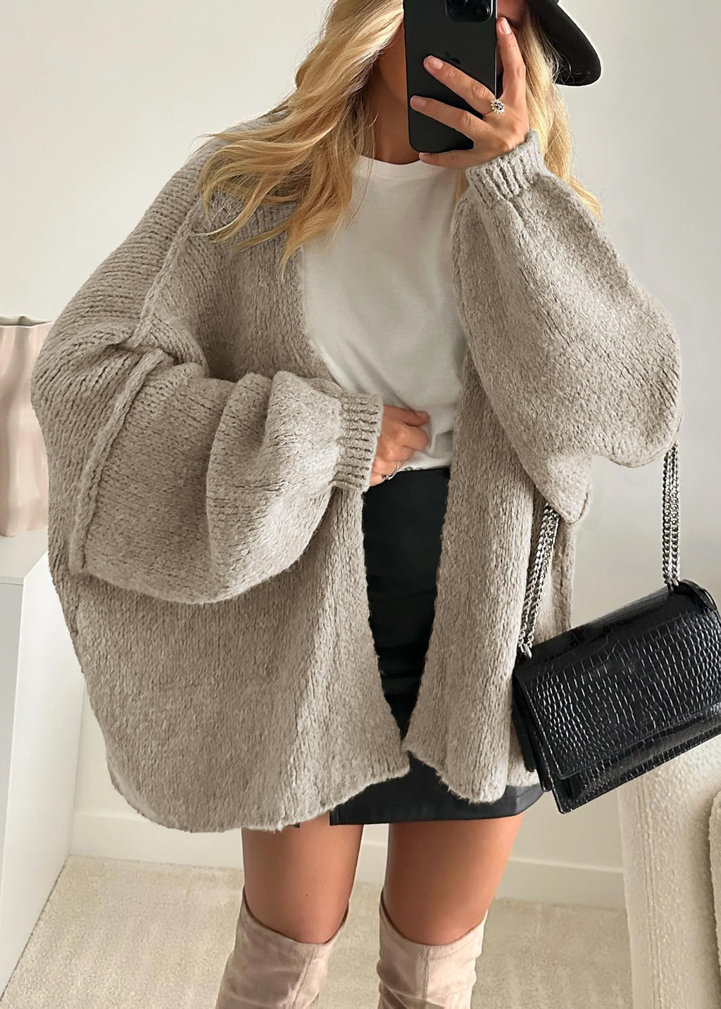ATHMILE Womens Fall Oversized Cardigan Sweaters Long Lantern Sleeve Knit Open Front Lightweight Winter Fashion Clothes 2026 Grey Beige