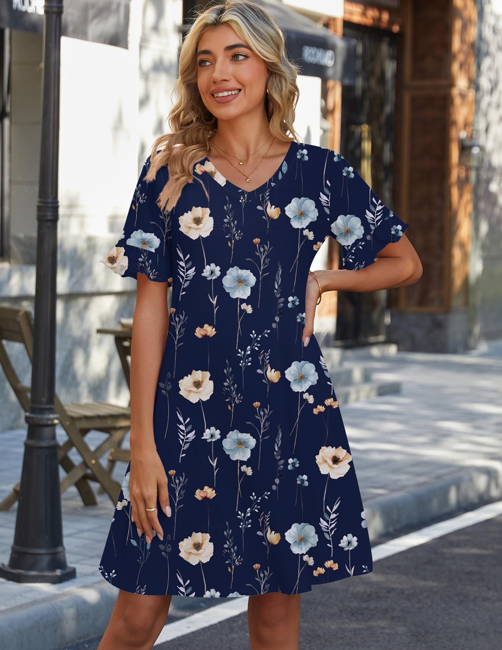 Zeagoo Plus Size V Neck Dress for Women Blue Floral Dress for Women 2026 Aline Dresses with Pockets Womens Short Sleeve T-Shirt Dress XXL