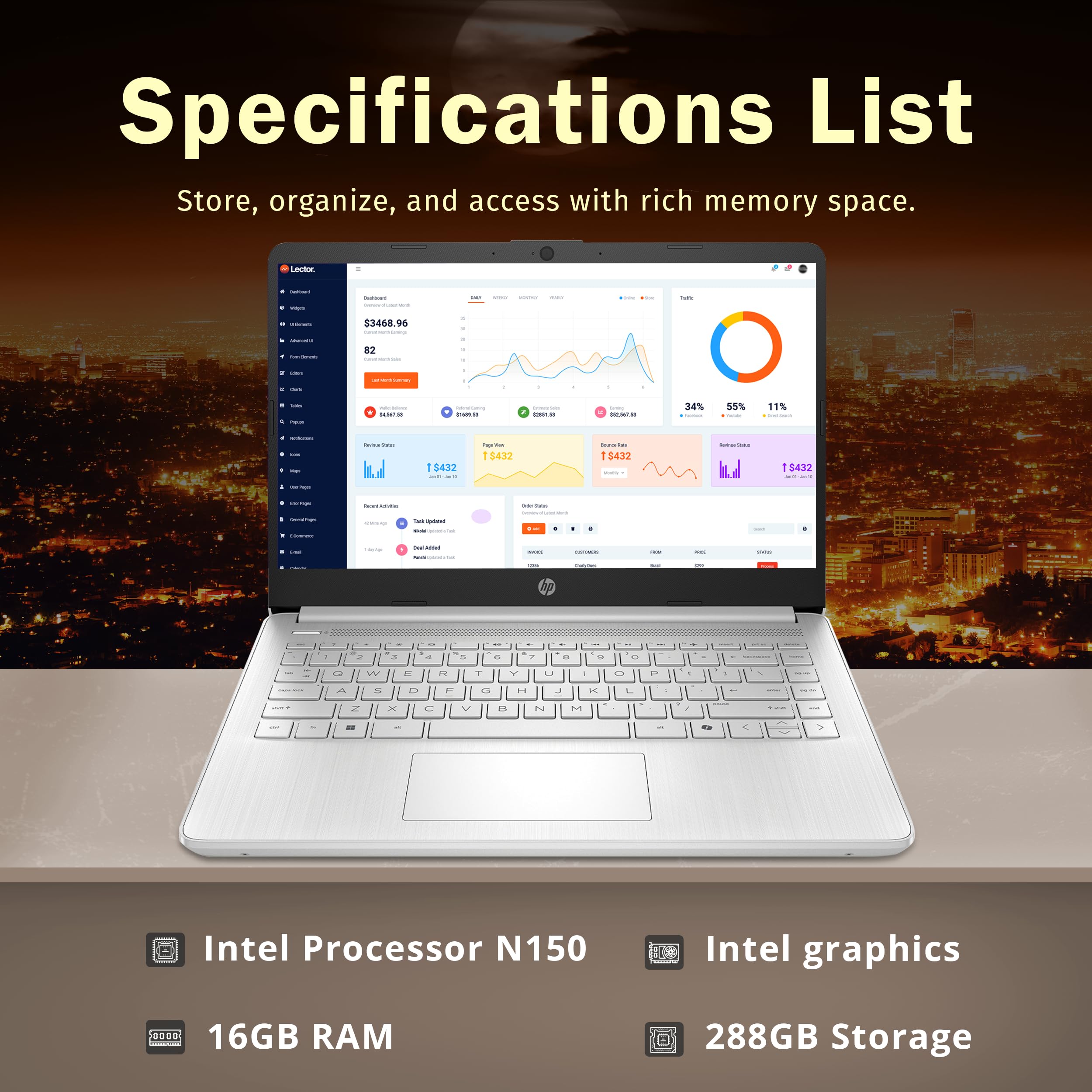 HP Stream 14" HD BrightView Laptop, Intel Celeron N150, 16GB RAM, 288GB Storage (128GB UFS + 160GB Docking Station Set), Intel UHD Graphics, 720p Webcam, Wi-Fi, 1 Year Office 365, Win 11 S, Silver