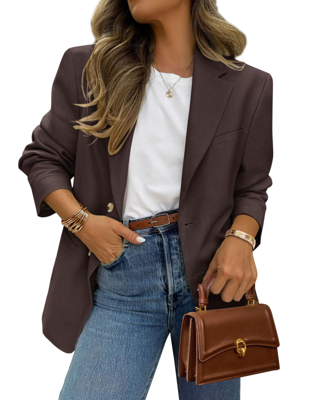 PRETTYGARDEN 2026 Blazers for Women Business Casual Long Sleeve Lapel Open Front Suit Jacket Work Blazer with Pockets (Coffee,Large)
