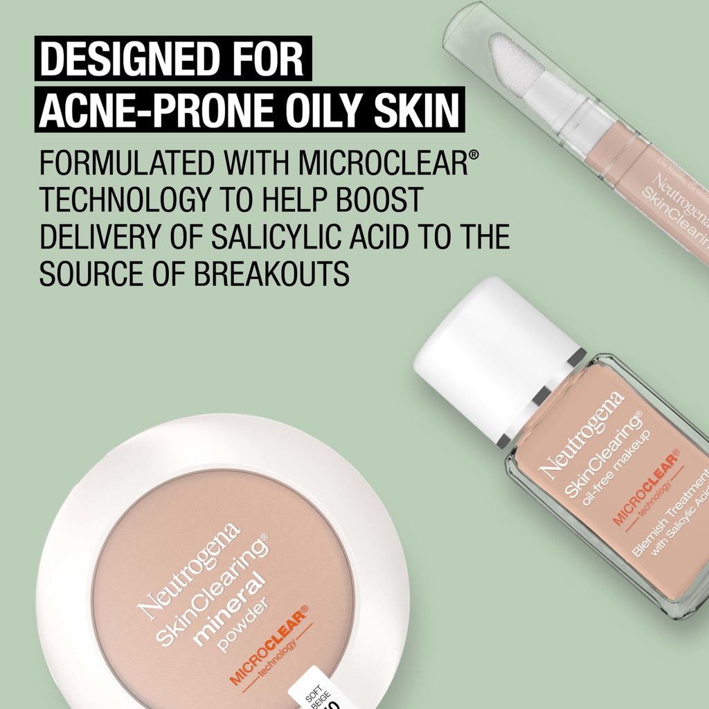 Neutrogena SkinClearing Pressed Mineral Powder Compact for Acne Prone Skin, Oil Absorbing Acne Makeup with Salicylic Acid helps to Cover, Treat & Prevent Breakouts, Soft Beige 50, .38 oz