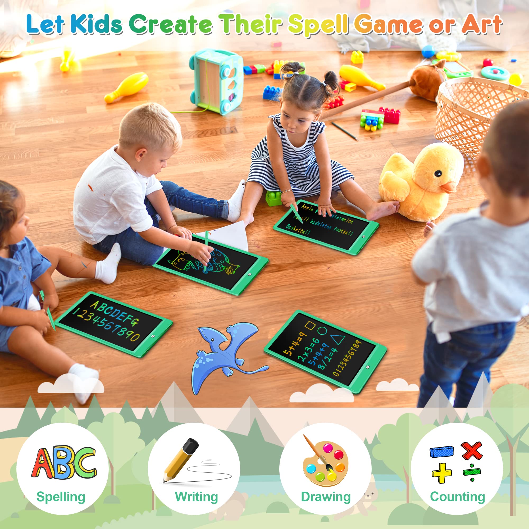 FLUESTON LCD Writing Tablet, Doodle Board Toys Gifts for 3-8 Year Old Girls Boys, 10 Inch Colorful Electronic Board Drawing Pad for Kids, Gifts for Toddler Educational Learning Travel Christmas, Green
