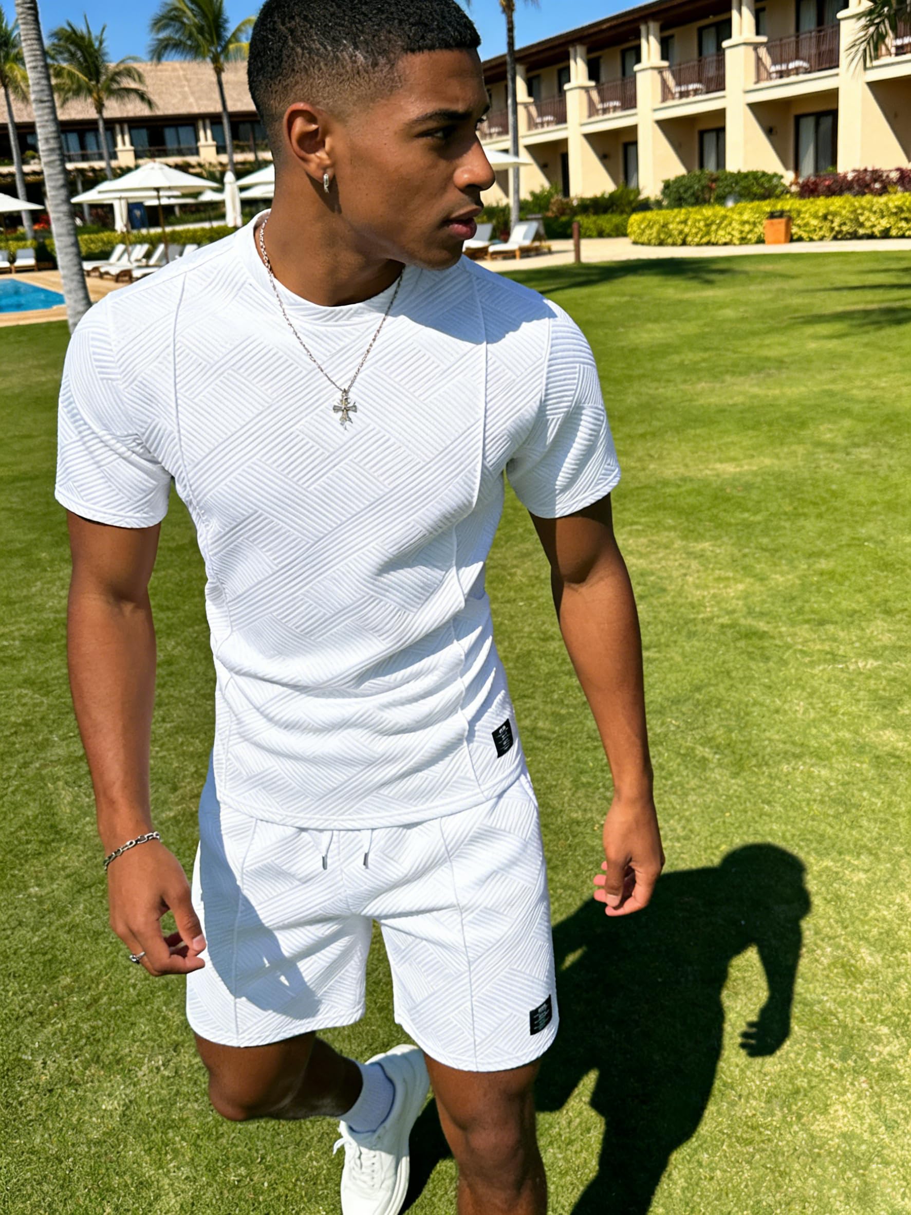UOUA Mens Short Sets 2 Piece Summer Outfits Casual Short Sleeve Crew-Neck Shirts & Shorts Track Suit Jogging Loungewear White S