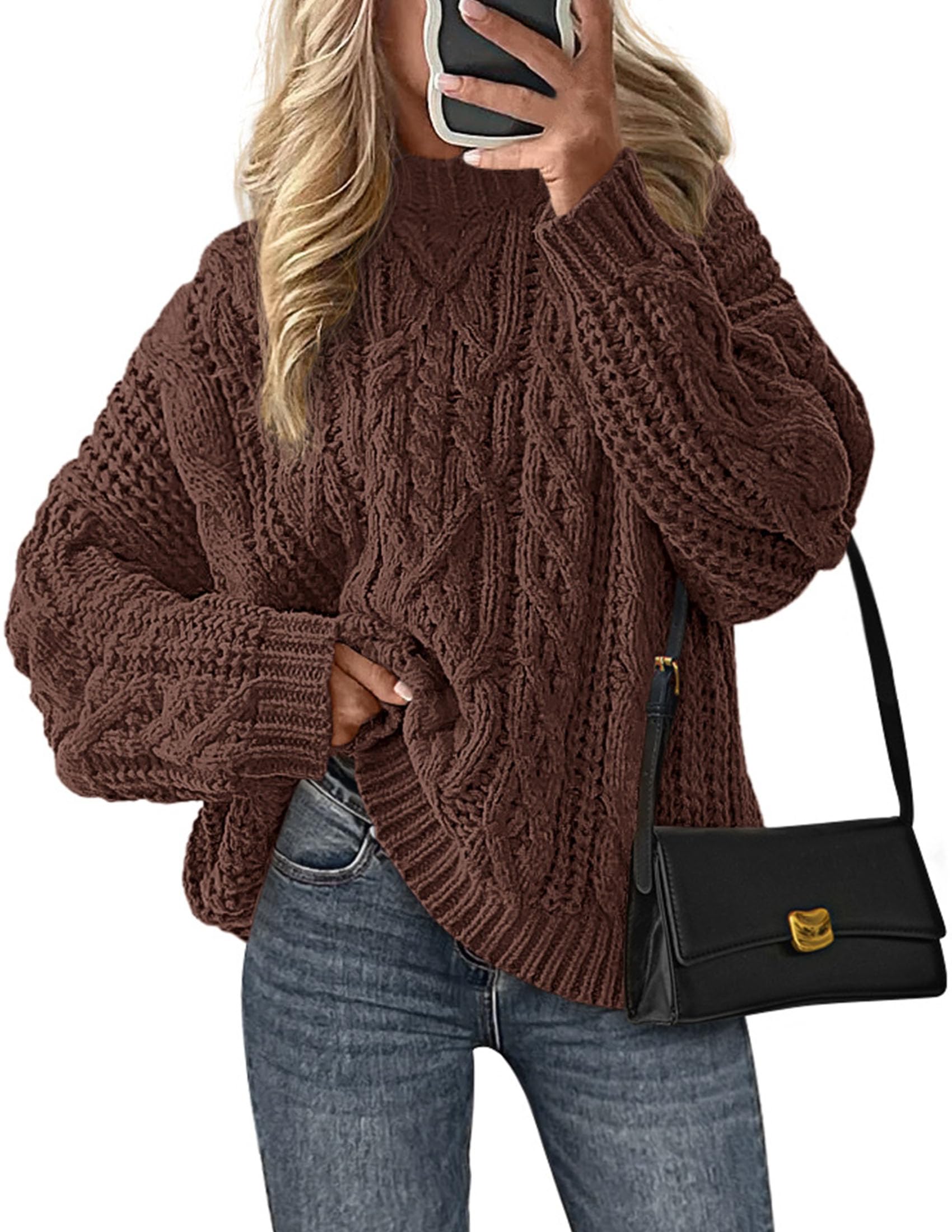 PRETTYGARDEN Women's Oversized Fall Sweaters 2026 Casual Long Sleeve Crewneck Chunky Cable Knit Pullover Tops Winter Clothes (Coffee,Medium)