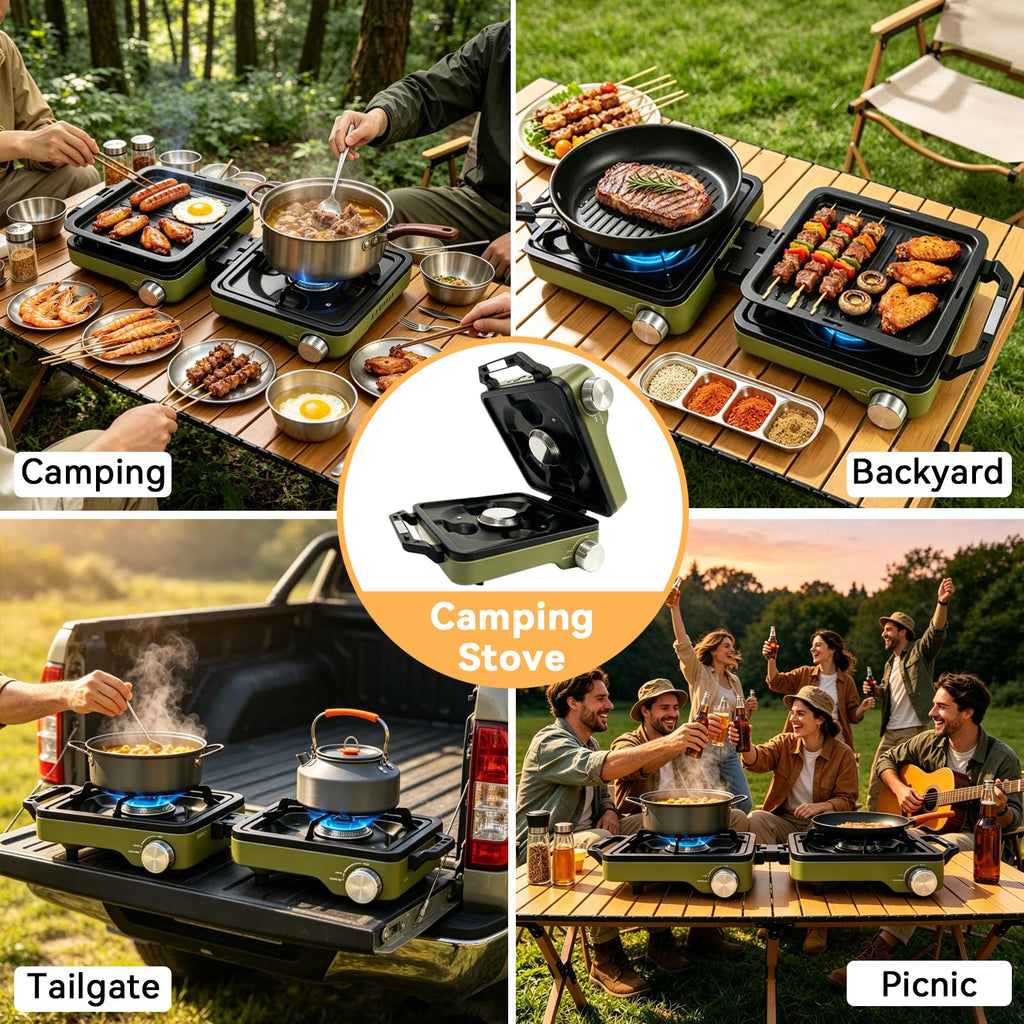2 Burner Camping Stove with Windshield, 24000 BTU Propane Camp Stove, Portable Folding Camp Stove with Frying Pan, Coffee Stand & Carry Bag, Camping Essentials for Picnic, RV, Camp kitchen, Green