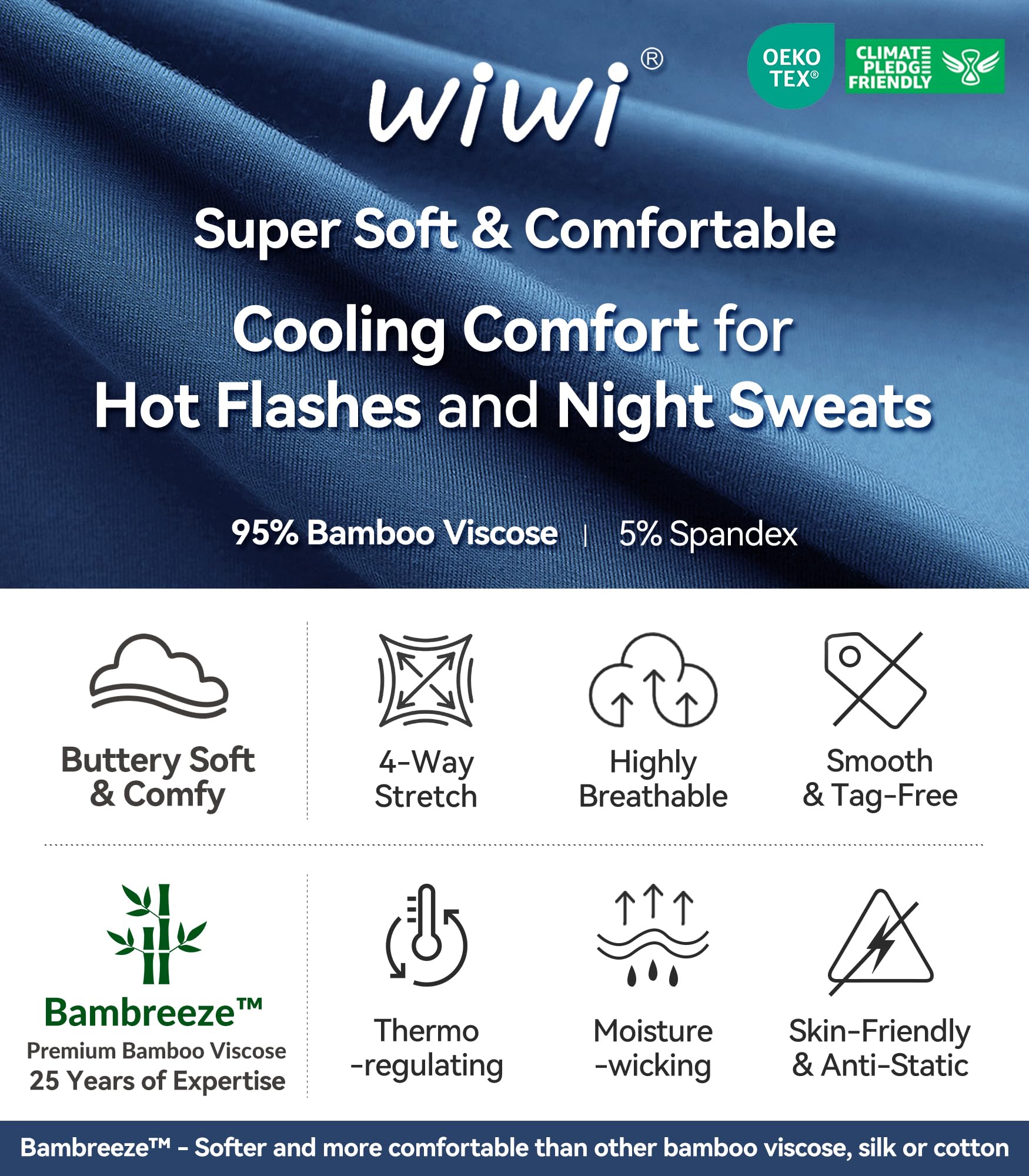 WiWi Bamboo Viscose Slip Dress for Women Super Soft Chemise Plus Size Nightgown Cooling Dresses S-4X, Prussian Blue, Large