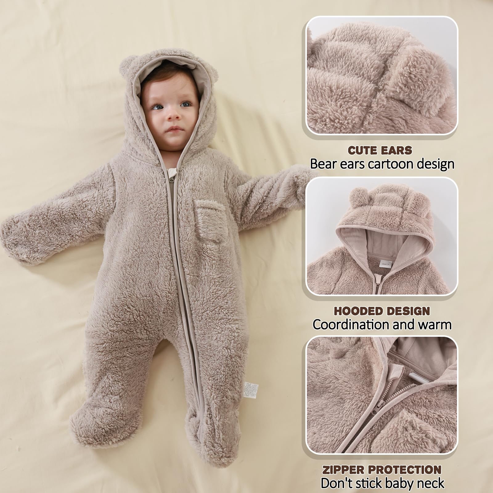 AiWMGL Newborn Baby Bear Outfit Suit With Fold-Over Mittens and Footies Girls Boys 0-3 Months Winter Fleece Clothes Suit Hooded Jumpsuit Romper Snowsuit