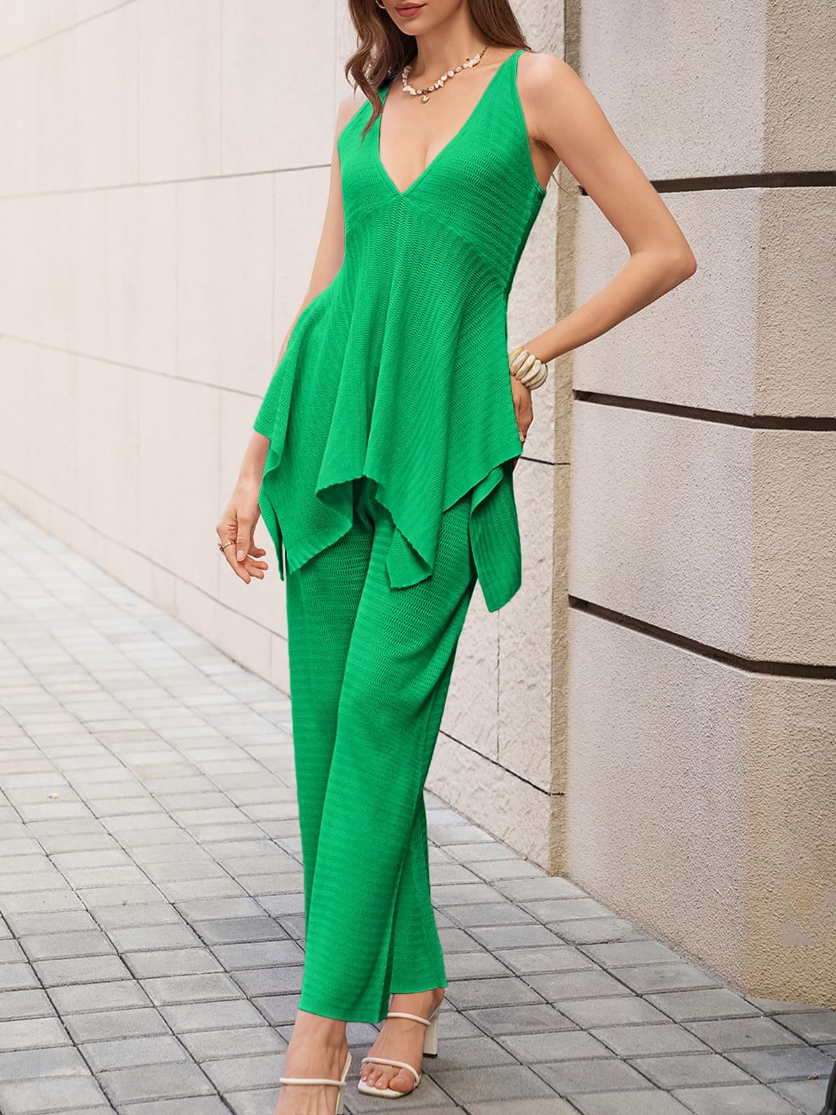 Tankaneo Womens 2 Piece Knit Sets Summer Vacation Outfits Deep V Neck Flowy Tank Tops Wide Leg Pants Sweater Matching Sets
