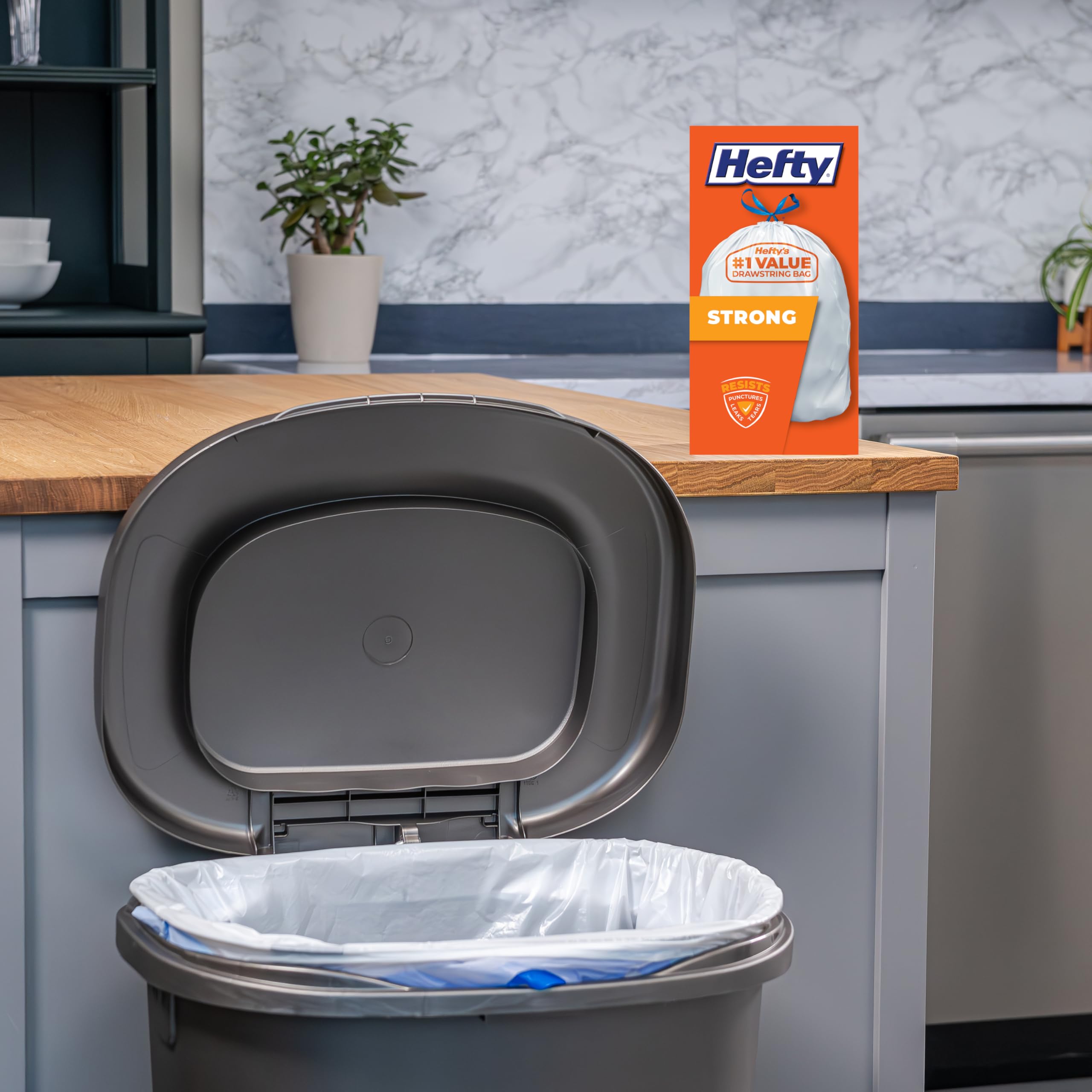 Hefty Strong 13 Gallon Trash Bags, Tall Kitchen Trash Bags, UnscentedLarge Trash Bags with Drawstrings, Durable Closure, Resists Leaks, Punctures, and Tears, White, Unscented, 90 Bags