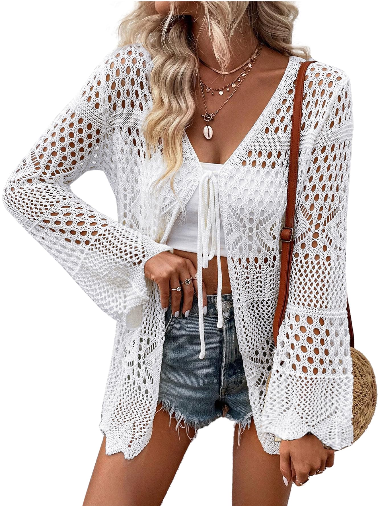 AI'MAGE Womens Kimono Beach Cover Up Crochet Swimsuit Coverups Summer Loose Knit Cardigans Causal Blouse Tops Swimwear White