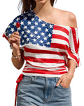 CUPSHE American Flag T Shirt Women USA Star Stripes Fourth July Tee Shirts Casual America Flag Print V Neck Tee Tops M