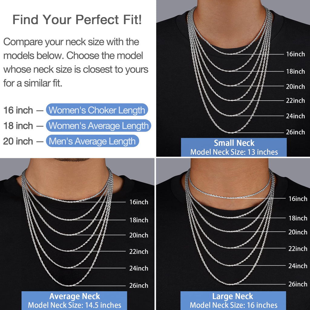 Jewlpire Silver Chain Necklace for Women, 2.5mm Rope Chains Silver Chain for Women Sturdy Womens Chains Necklace, 20 Inch