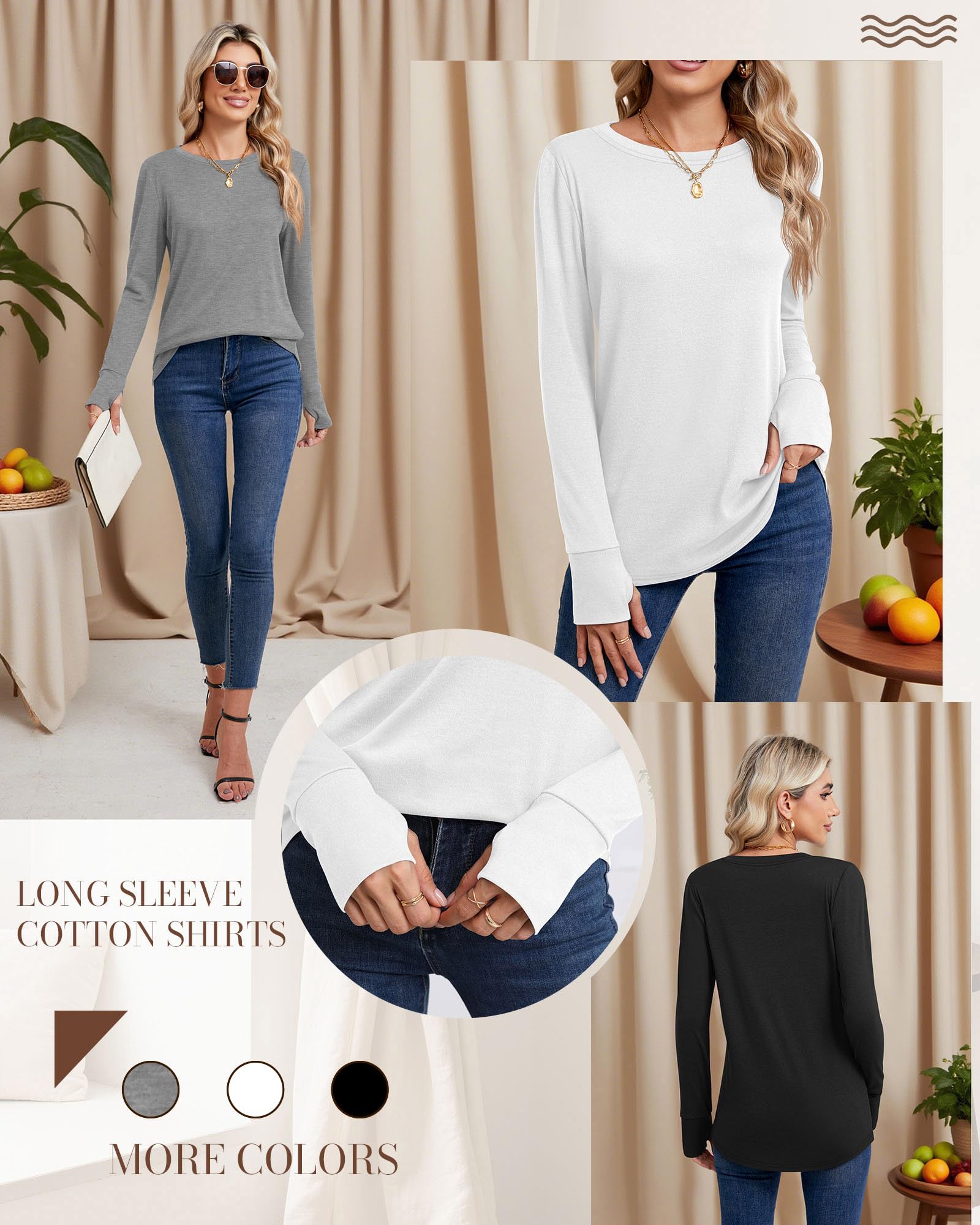 Huukeay 3 Pack Women's Long Sleeve Shirts with Thumb Holes, Cotton Casual Crew Neck Tunic Tops Fall Loose Y2k Trendy Outfits(Black, Grey, White,XL)
