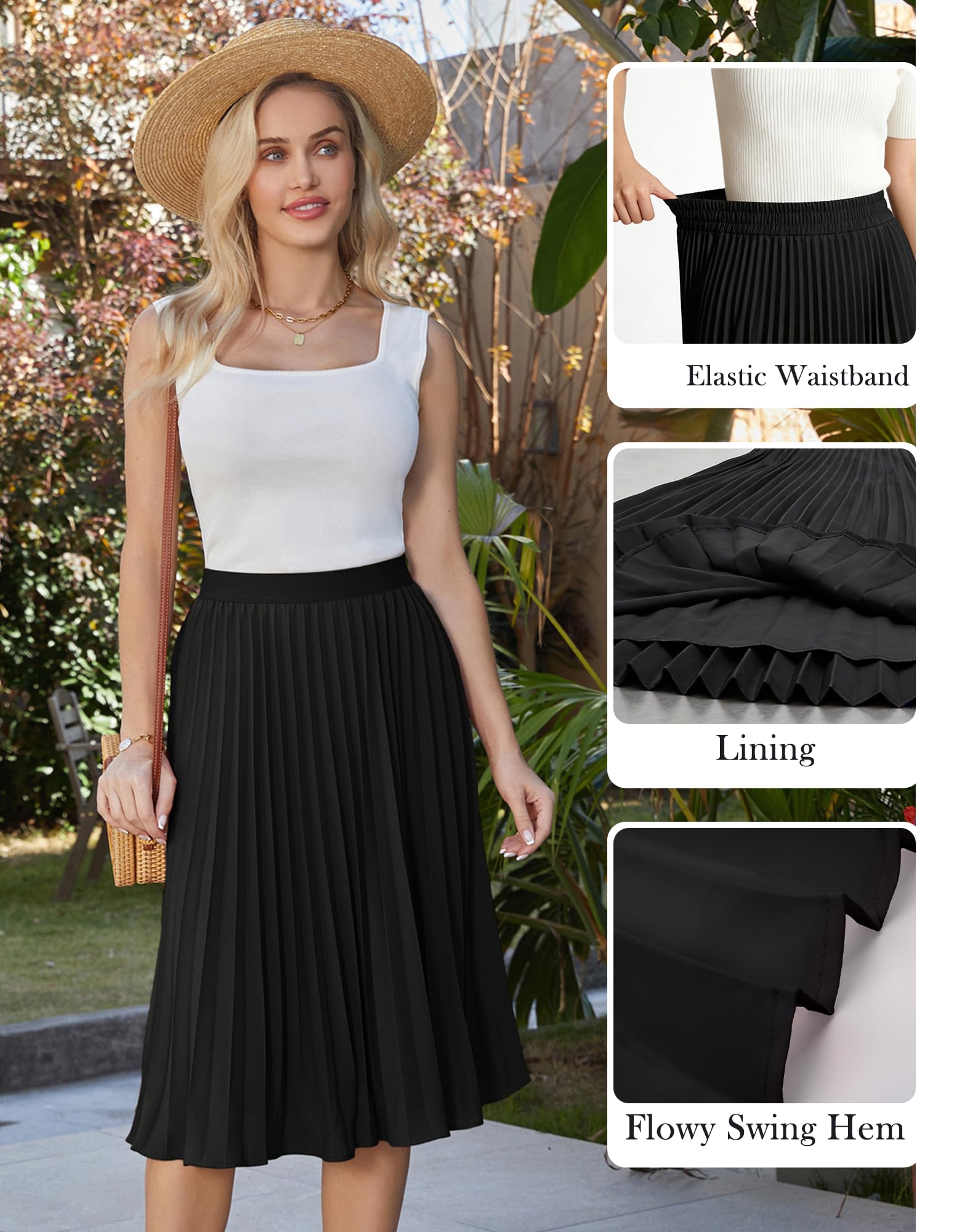 GRACE KARIN Women's Elegant High Waist Flared Pleated Swing Long Chiffon Skirt Black S
