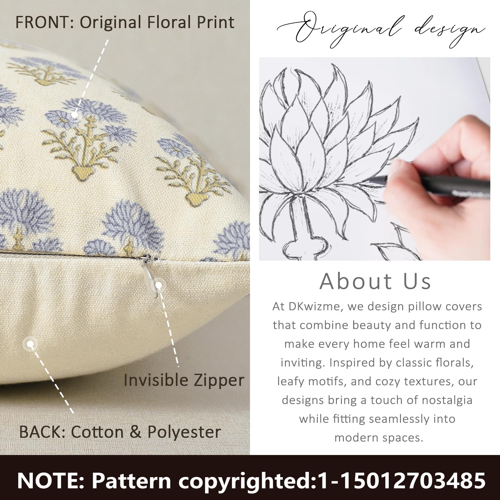 DKwizme Farmhouse Floral Pillow Covers 18x18 Set of 2, Country Botanical Throw Pillow Cover for Sofa Couch Bed Living Room, Rustic Vintage Flower Cushion Covers Cottage Home Decor,Blue Mustard