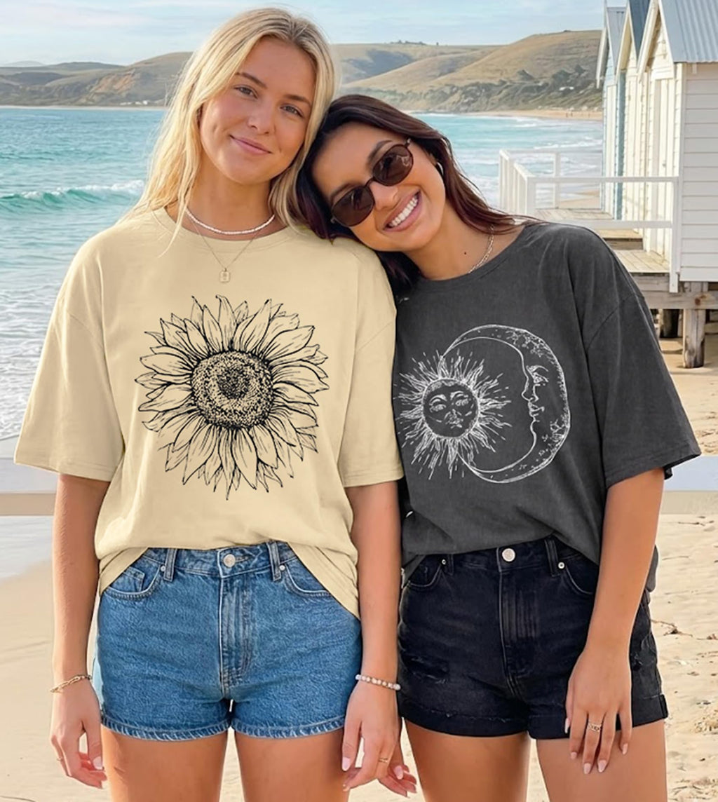 Womens Oversized Tshirt Graphic Tees Crew Neck Summer Short Sleeve Loose Fit Tops (A-Sunflower Print Khaki, L)