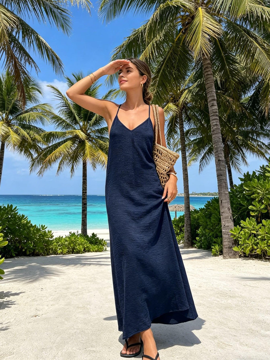 Verdusa Women's Backless Cami Dresses Linen Maxi Dress Sundress Open Back Vacation Beach Summer Outfits Dark Blue Small