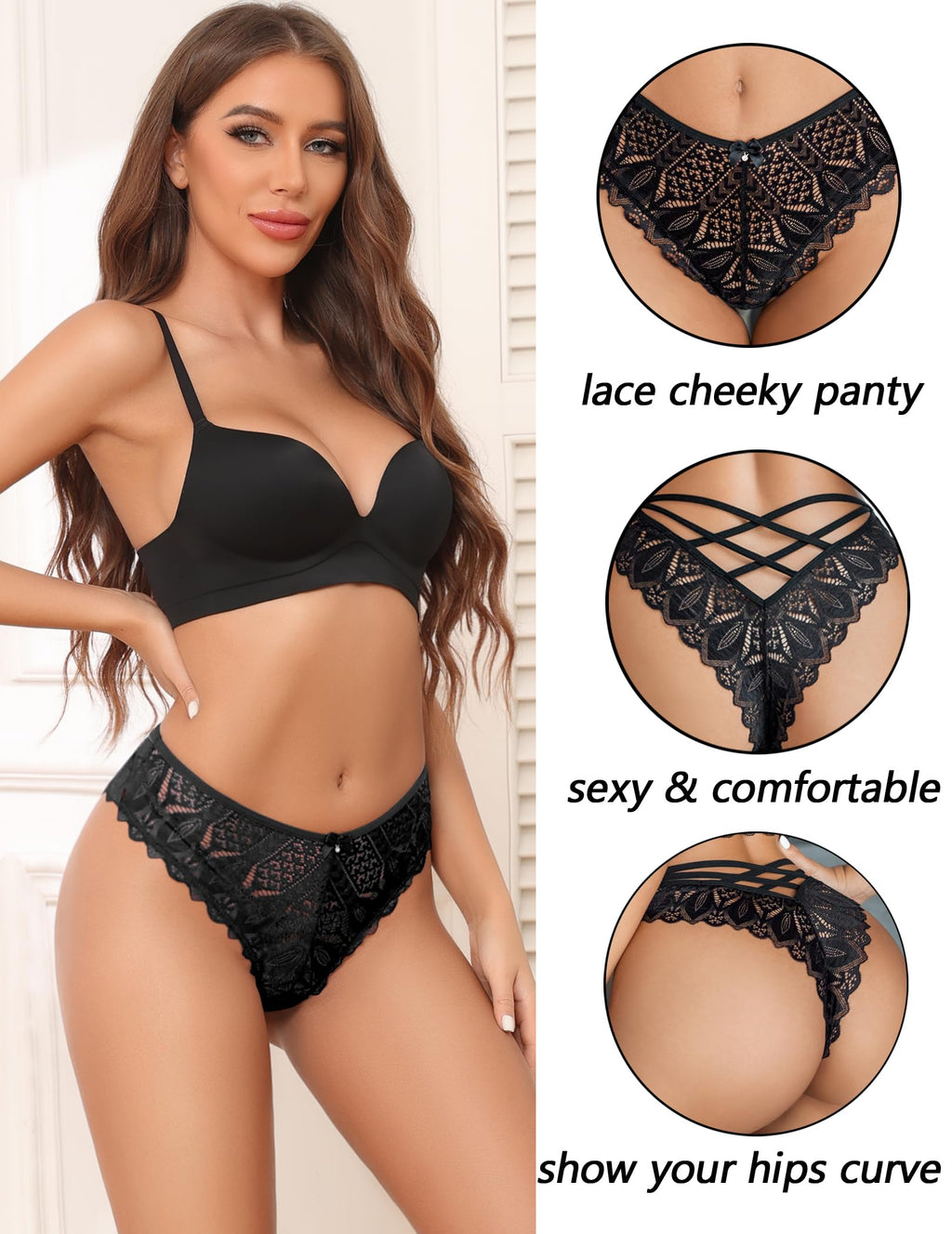 Avidlove Womens Underwear Lace Cheeky Panties Criss Cross Back Bikini Thongs Sexy Undies Black M