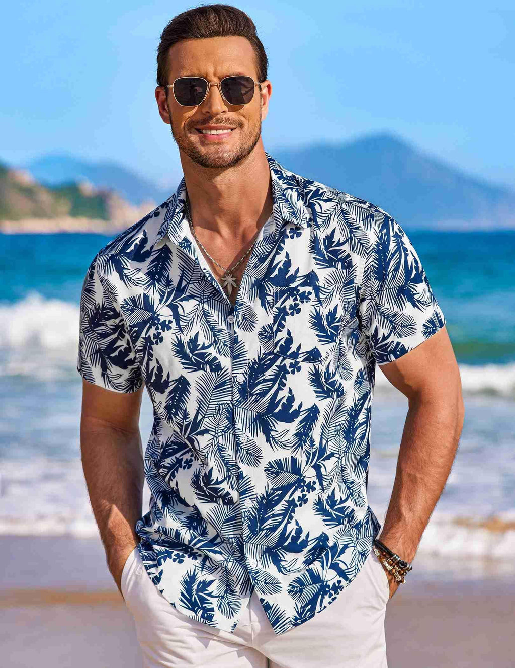 COOFANDY Men's Short Sleeve Hawaiian Shirts Casual Summer Vacation Shirts, White - Palm Leaf, X-Large