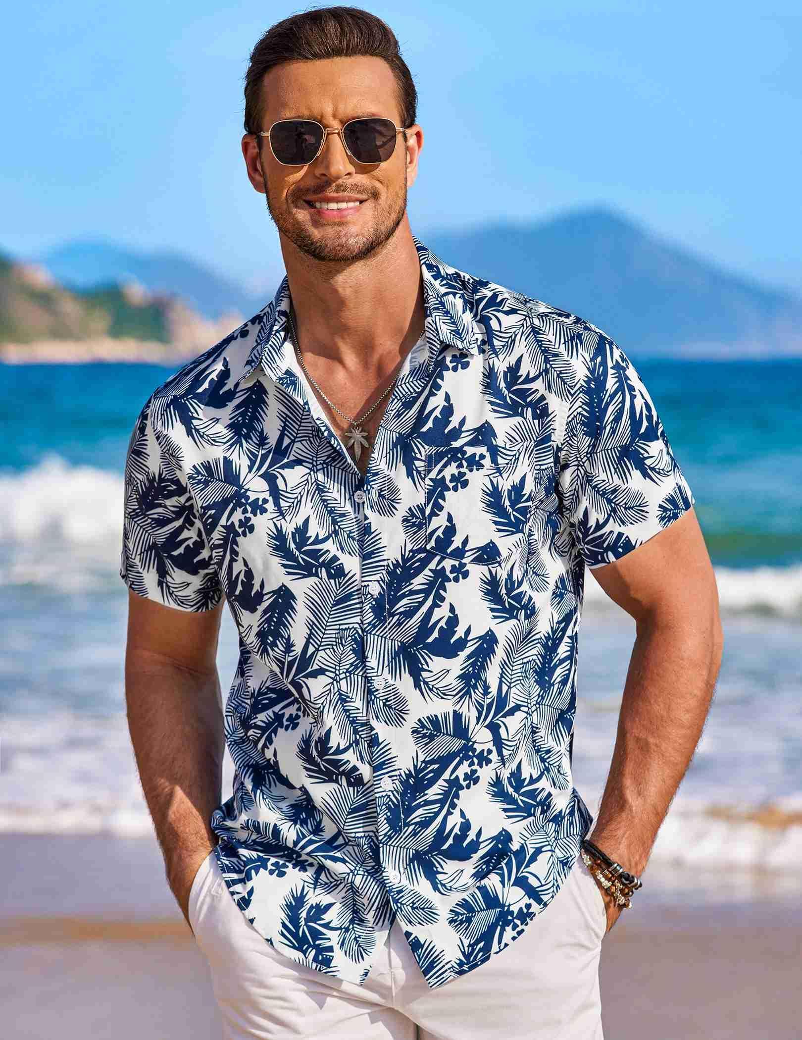 COOFANDY Men's Short Sleeve Hawaiian Shirts Casual Summer Vacation Shirts, White - Palm Leaf, X-Large