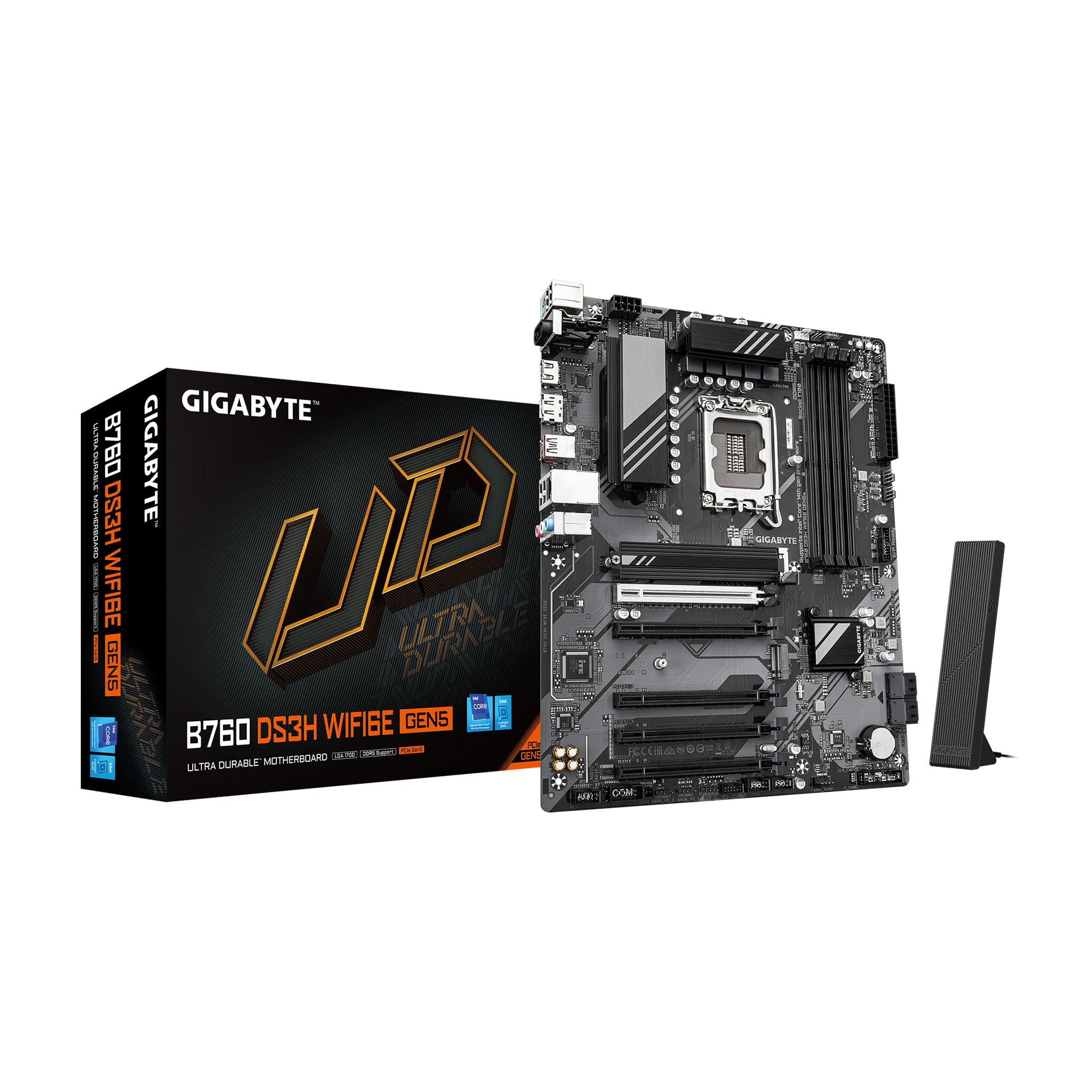 GIGABYTE B760M DS3H WIFI6E GEN5 Intel LGA 1700 mATX Motherboard, Supports Intel Core 14th/13th/12th Gen, DDR5, 6+2+1 Power Phase, 2X M.2, PCIe 5.0, USB-C, WIFI6E, 2.5GbE LAN, PCIe EZ-Latch