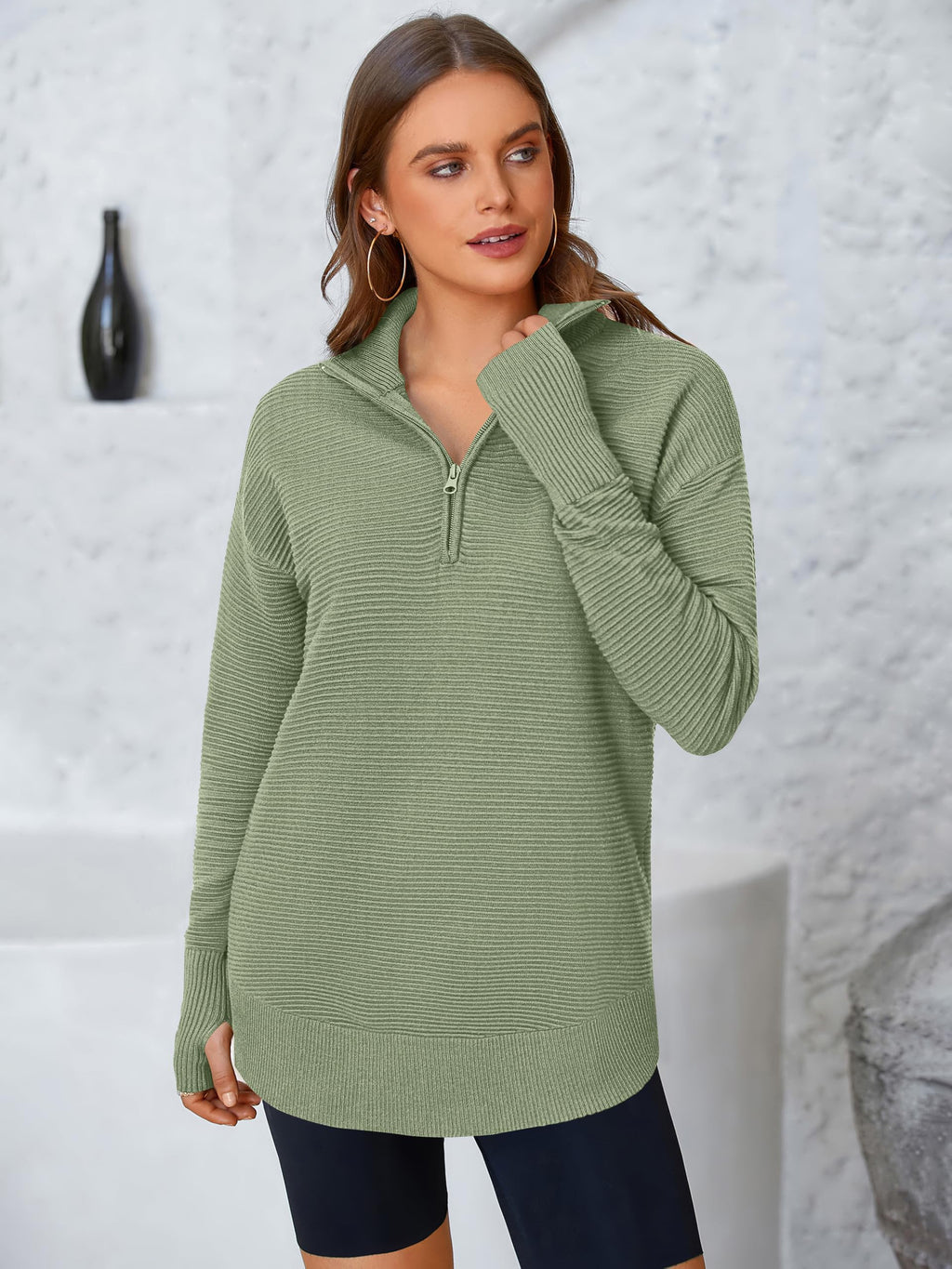 PRETTYGARDEN Womens Long Sleeve Quarter Zip Pullover Sweater Casual Loose V Neck Collared Ribbed Knit Jumper Tops Thumb Hole(Grey Green,Small)