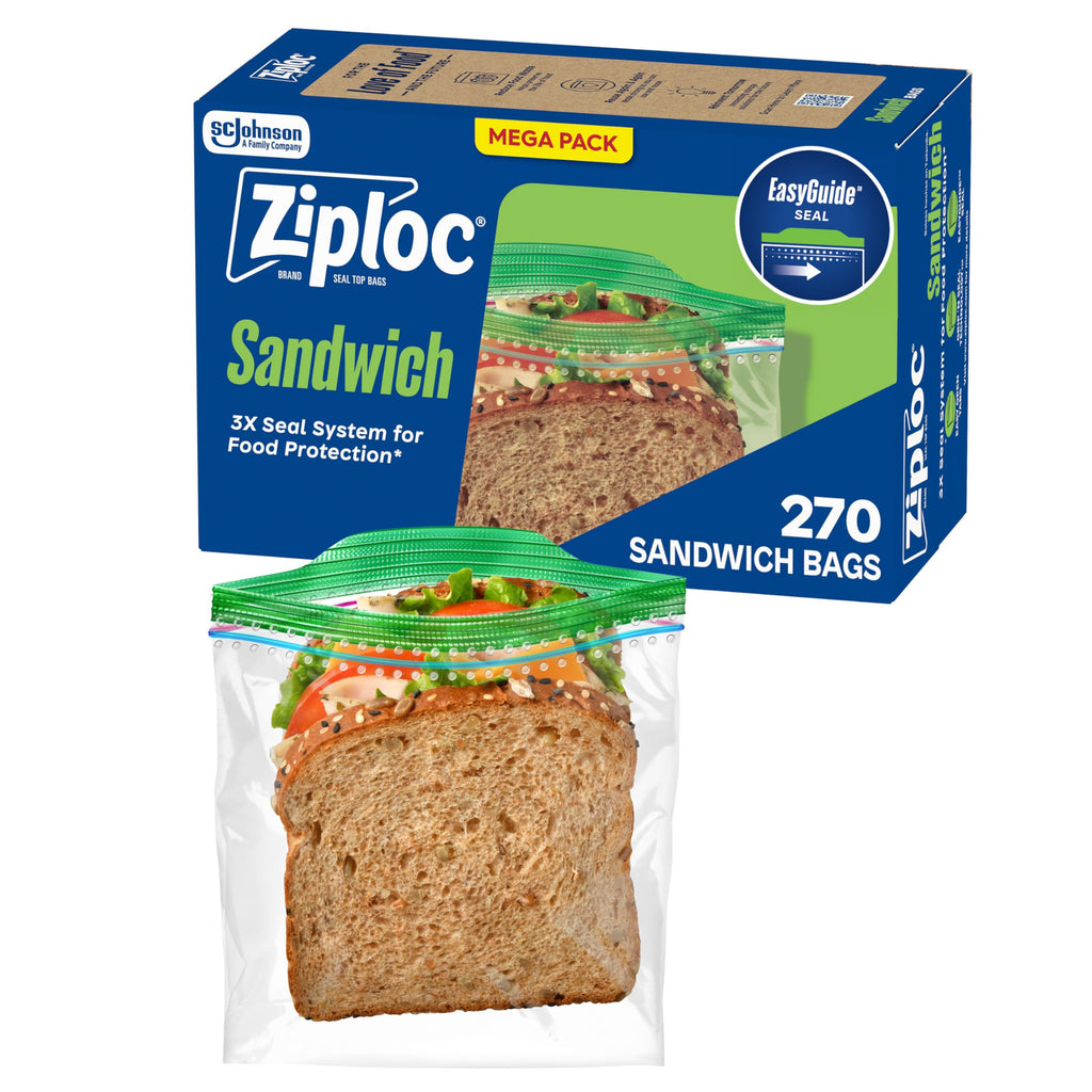 Ziploc Sandwich and Snack Bags with EasyGuide Texture, Plastic Storage Bags with Grip 'n Seal Technology, 270 Bags Total
