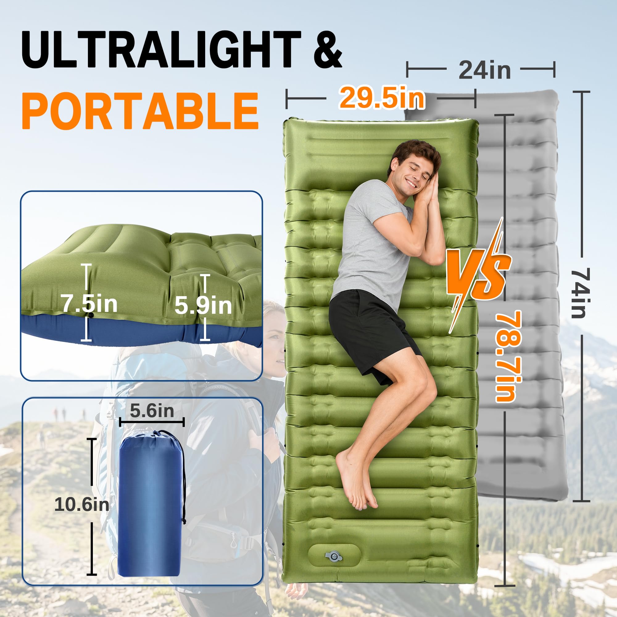 NINTYNINE Camping Sleeping Pad, 5.9" Extra-Thick Reinforced Camping Mat with Built-in Pillow & Foot Pump, Ultralight Compact Inflating Camping Air Mattress for Backpacking Hiking Travel Tent Beach