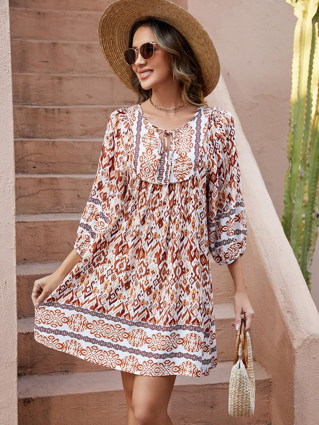 Qearal Womens Casual Dress for Summer Boho Dress Loose Flowy Beach Dress Short Sundress Coffee XL