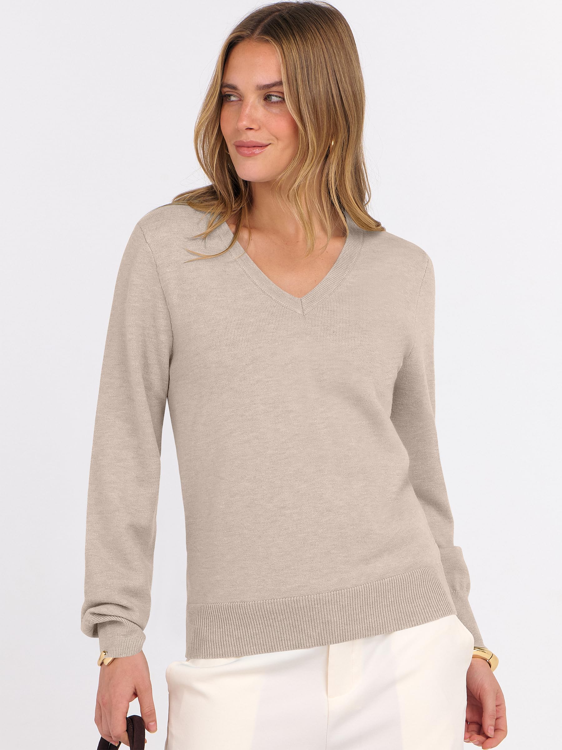 ANRABESS Womens Long Sleeve V Neck Sweaters 2025 Fall Casual Classic Soft Loose Fit Basic Pullover Jumper Top Almond X-Large