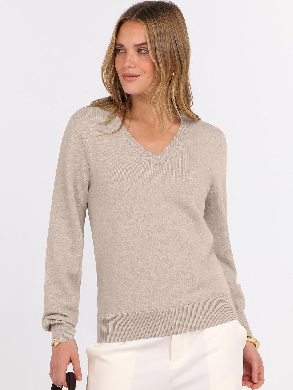 ANRABESS Womens Long Sleeve V Neck Sweaters 2025 Fall Casual Classic Soft Loose Fit Basic Pullover Jumper Top Almond Large