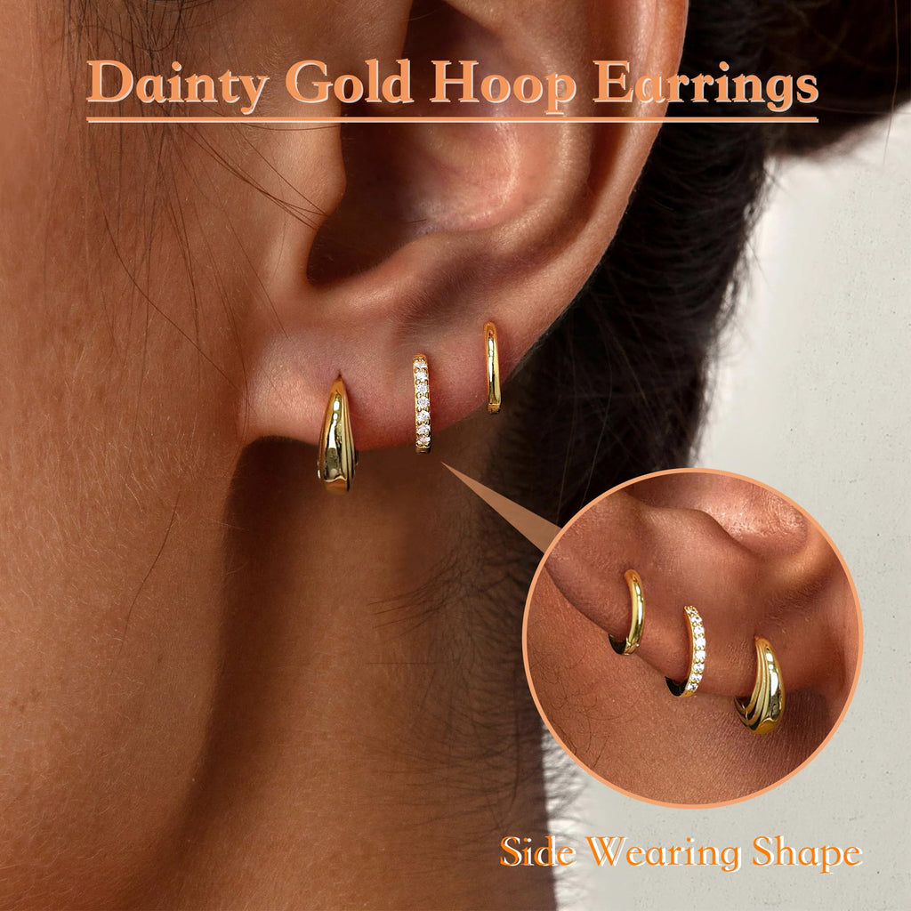Poxtex Small 14K Gold Plated Huggie Hoop Earrings Set for Women, Hypoallergenic Trendy Hoops Stacks for Multiple Piercings, Dainty Cute Mini Lightweight Cartilage Helix Jewelry Gift Sensitive Ears
