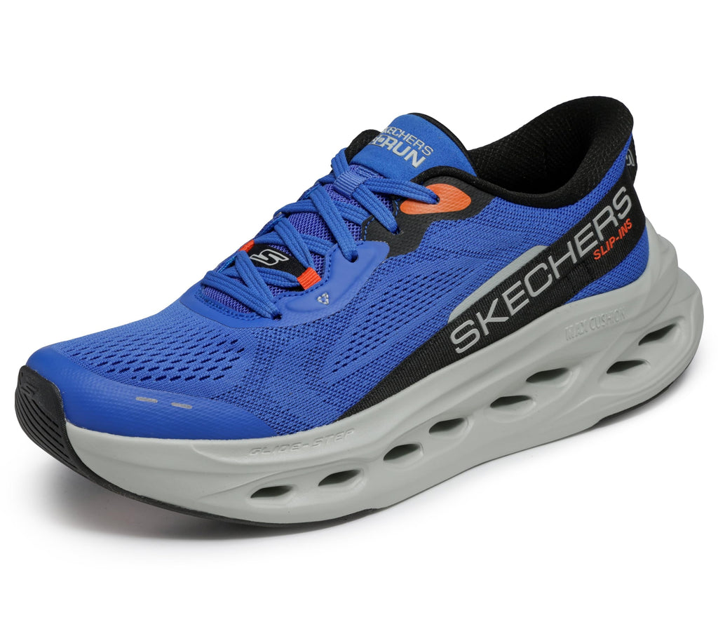 Skechers Men's Max Cushioning Glide Step Advert Hands Free Slip-Ins Sneaker, Blue/Orange, 11.5