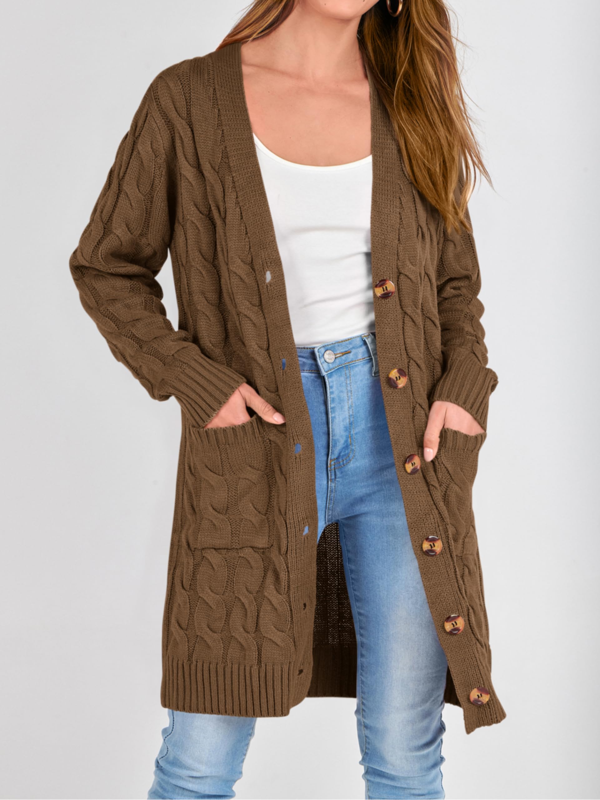 PRETTYGARDEN Long Sleeve Cable Knit Long Cardigan for Women 2026 Spring Winter Chunky Open Front Button Sweaters with Pockets(Coffee,Small)