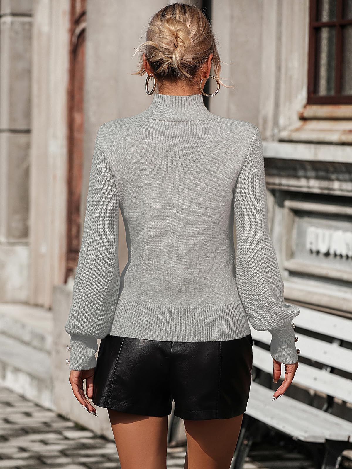 Upopby Women's 2025 2026 Fall Winter Sweater for Women Trendy Lightweight Mock Neck Lantern Long Sleeve Pullover Knitted Sweaters Grey L