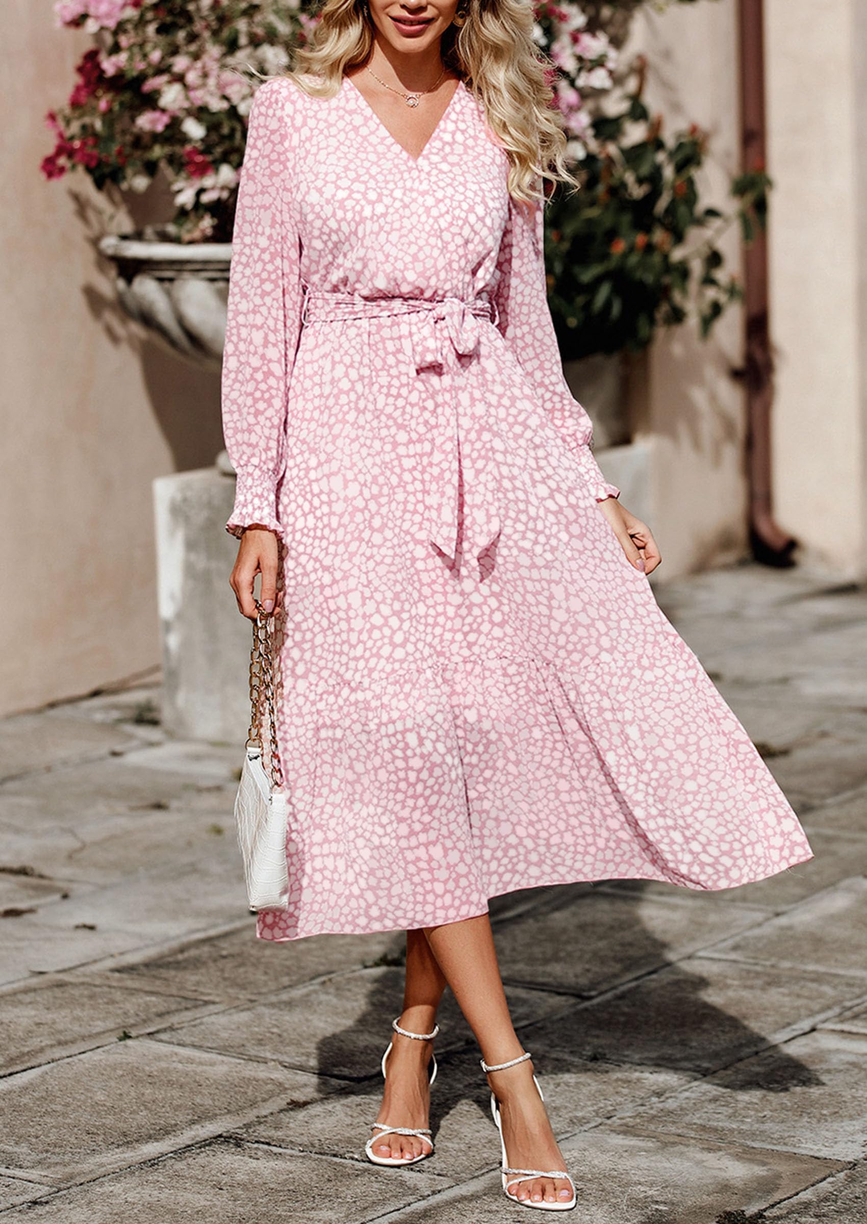 PRETTYGARDEN Women's Floral Boho Dress Fall Long Sleeve Wrap V Neck Ruffle Flowy Maxi Spring Wedding Guest Vacation Dresses (Pink,Small)