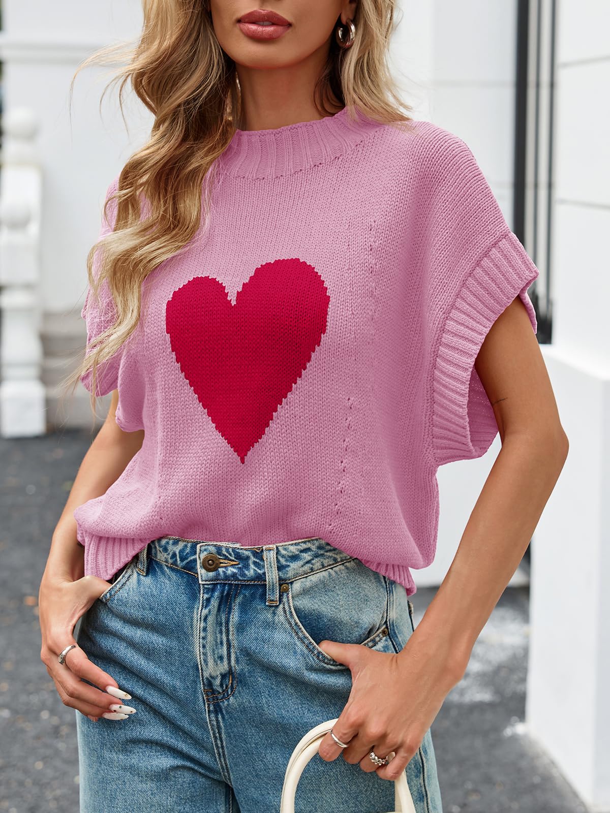 Saodimallsu Womens Cap Sleeve Cropped Sweater Mock Neck Cute Heart Loose Valentine Knit Tank Tops Pink