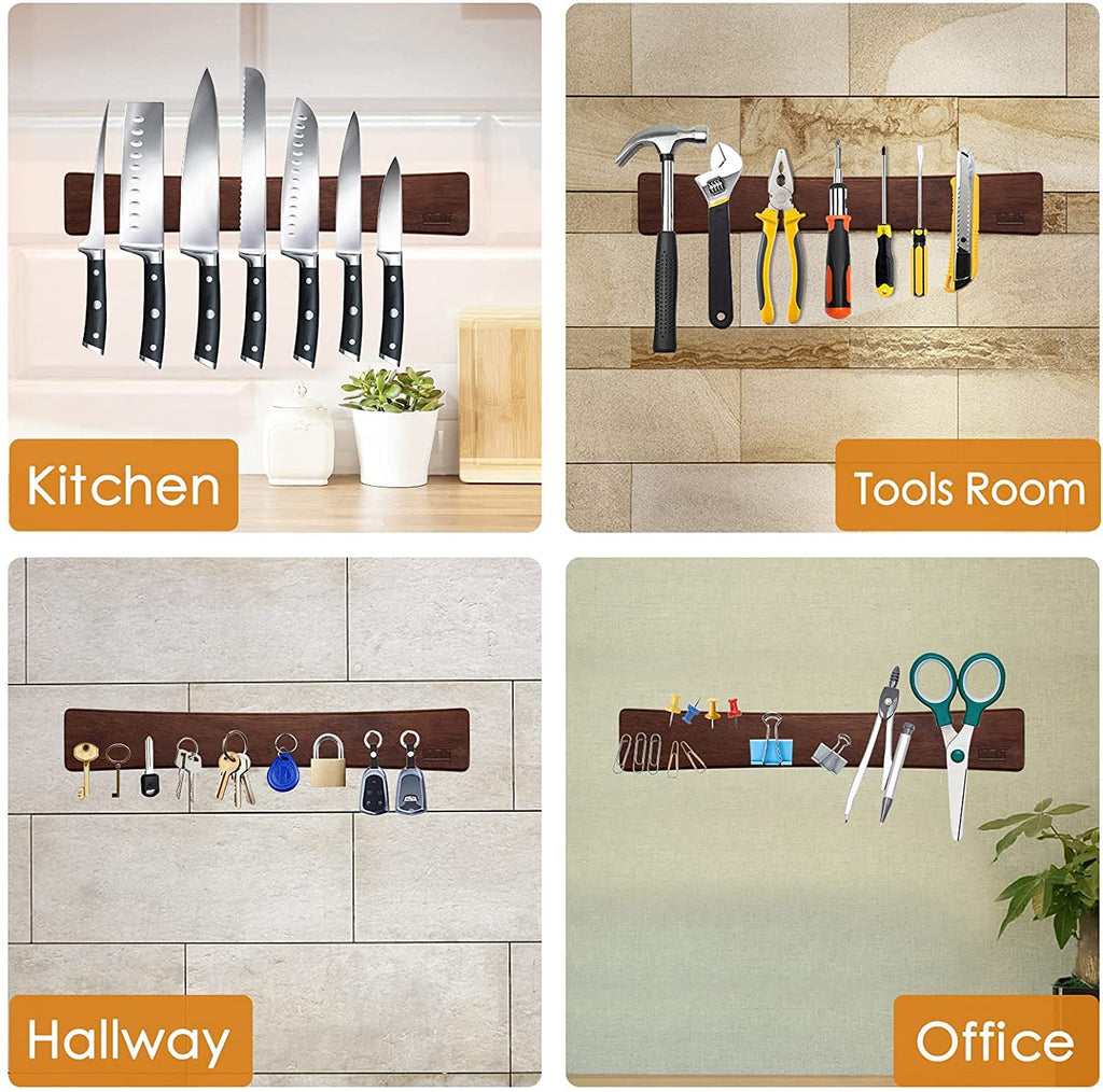 HOSHANHO Magnetic Knife Strips, Magnetic Knife Holder for Wall 16 Inch, Acacia Wood Knife Magnetic Strip Use as Knife Bar, Knife Holder for Kitchen Utensil Organizer