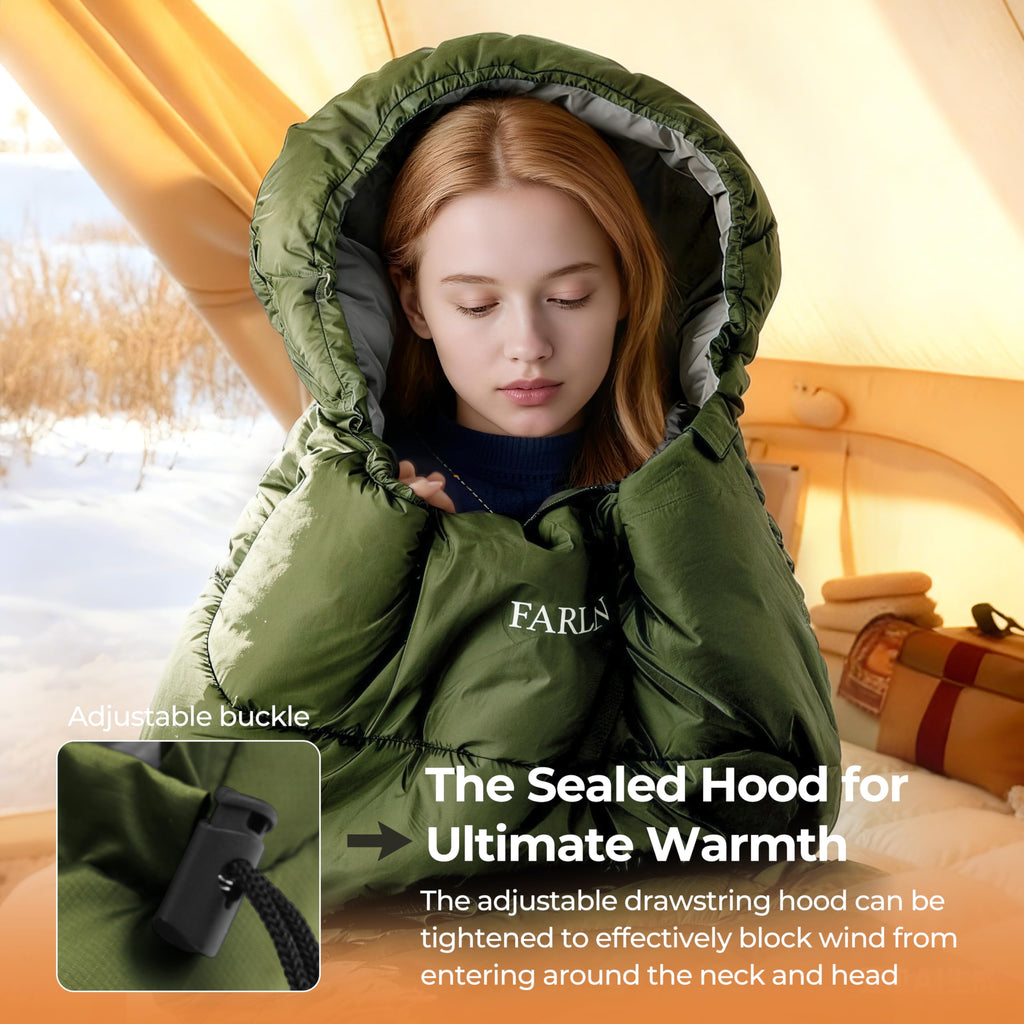 FARLAND Sleeping Bag for Adults, Cold Weather & Warm Plush Fleece-Lined Interior - Portable Waterproof Windproof with Compression Sack for Camping, Car Camping, Truck/Van, Traveling, Indoor & Outdoor