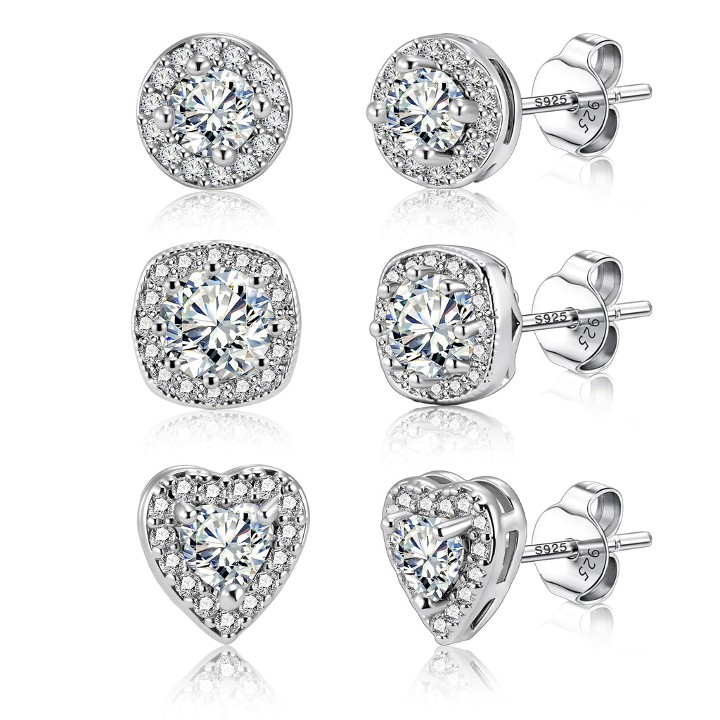 ALEXCRAFT Sterling Silver Halo Stud Earrings for Women Cubic Zirconia Round Heart Square Diamond Large Silver Studs Set Earring for Men 3 Pairs