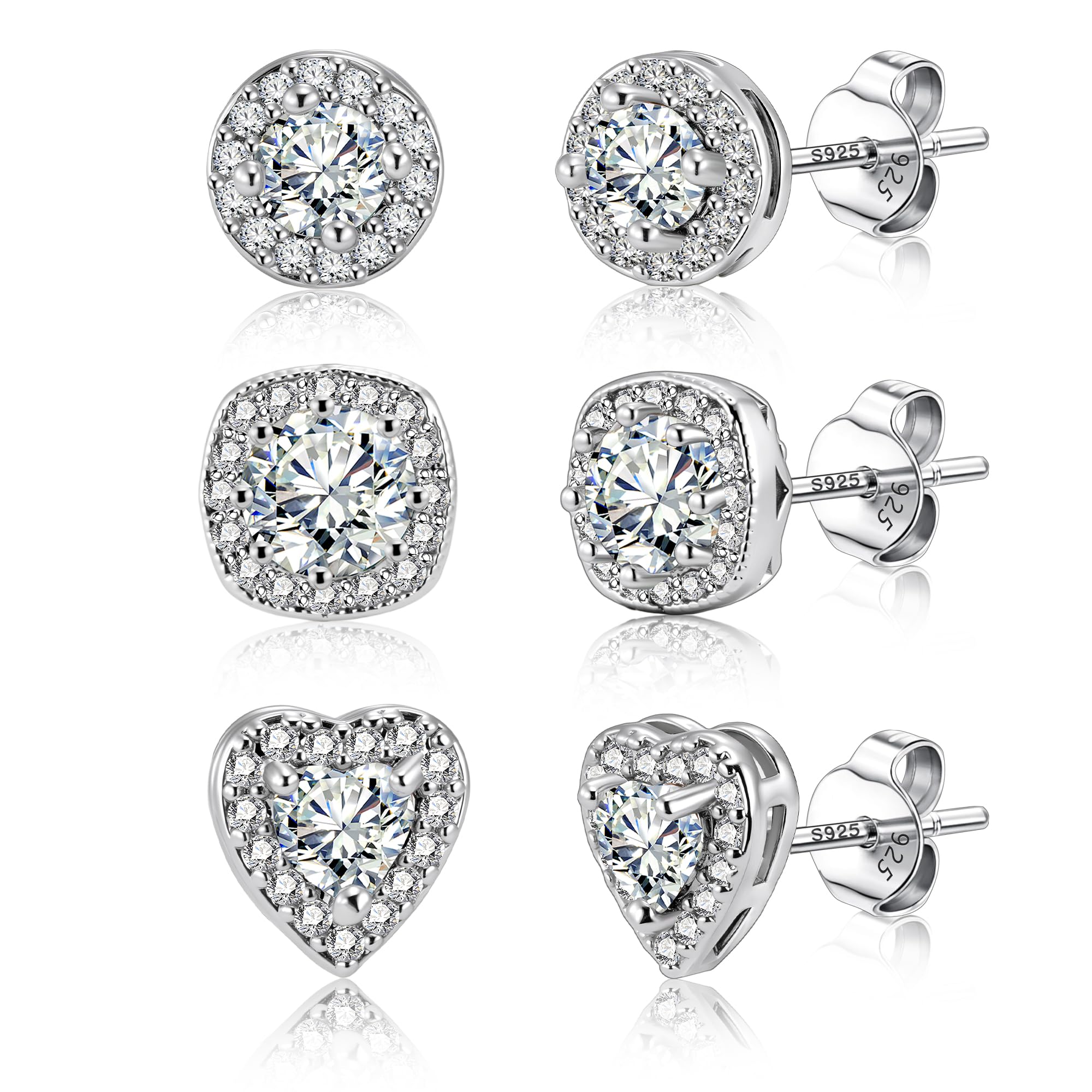 ALEXCRAFT Sterling Silver Halo Stud Earrings for Women Cubic Zirconia Round Heart Square Diamond Large Silver Studs Set Earring for Men 3 Pairs