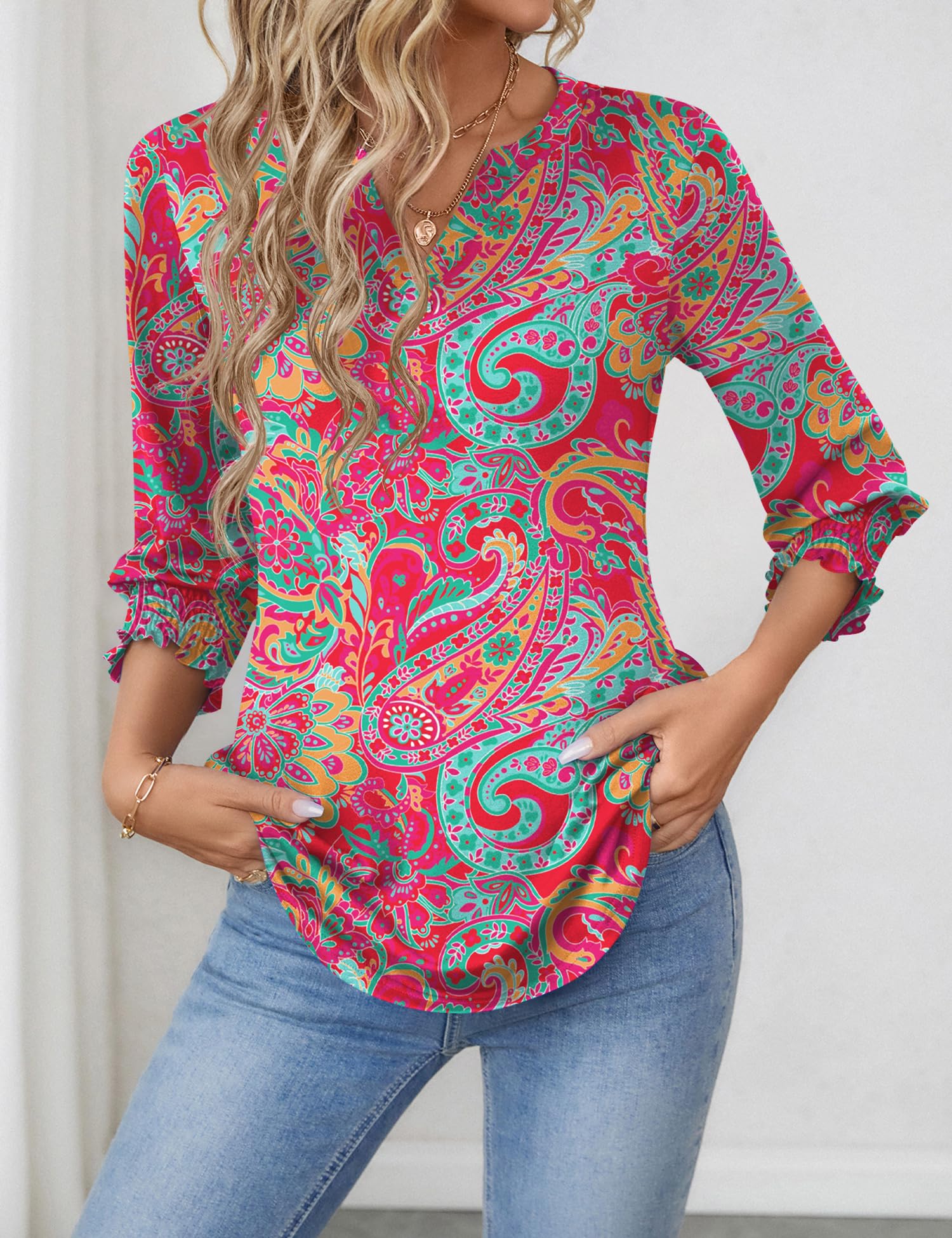 LOMON Women's 2026 Fashion Tops 3/4 Length Sleeve Business Casual Blouses Summer Tees Shirts