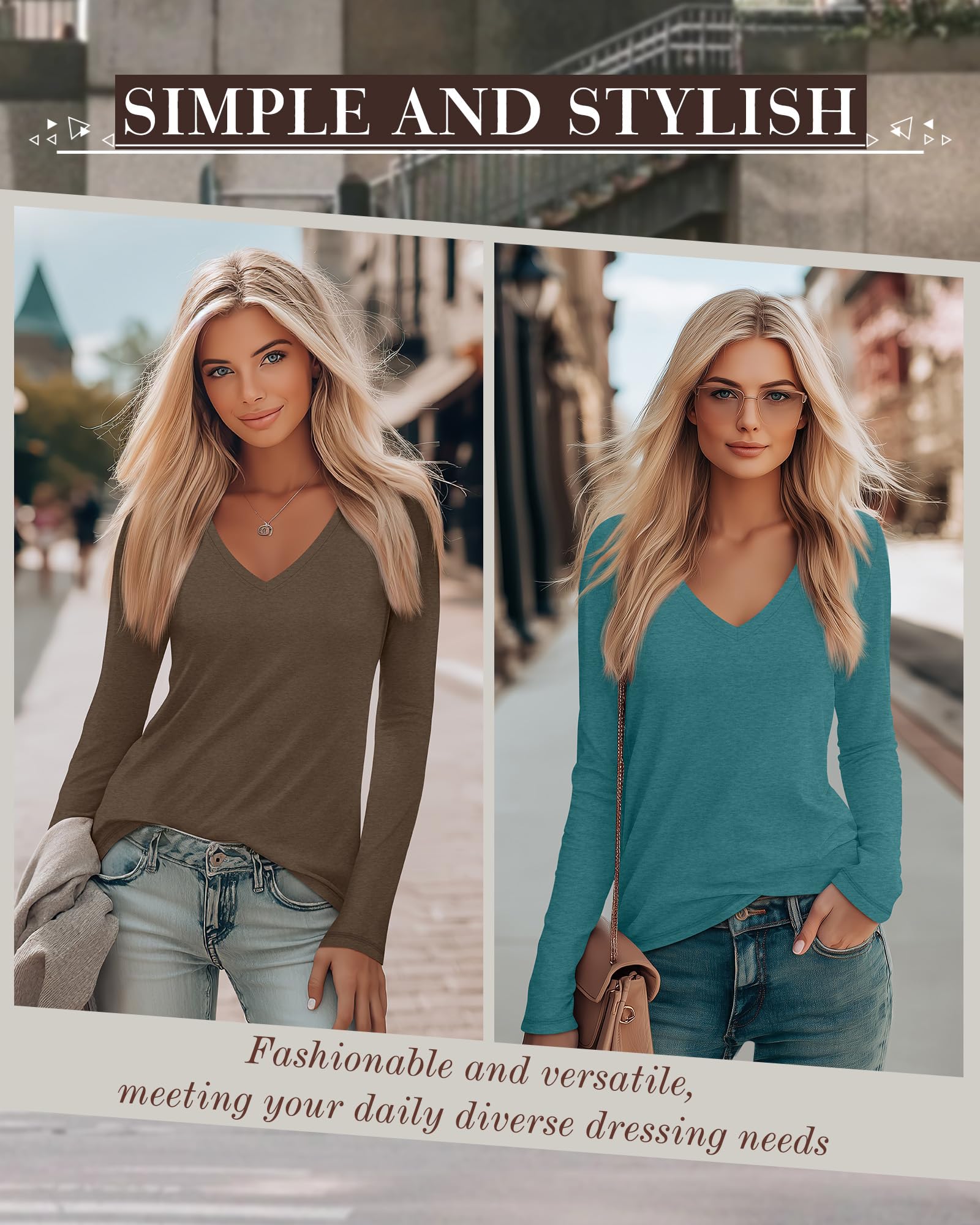 Velvelhall 4 Pack Women's Long Sleeve V Neck Shirts, Casual Loose Fit Tees Basic Tunic Tops Trendy Fall T-Shirts Outfits(Black, Brown, Light Purple, Turquoise,Large)