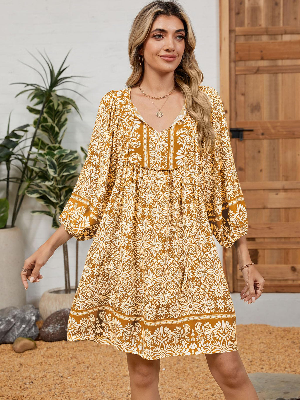 Qearal Summer Dresses for Women 2026 Vacation, 3/4 Sleeve Loose Tunic Dress Boho Beach Sun Dress Knee Length Brown XL